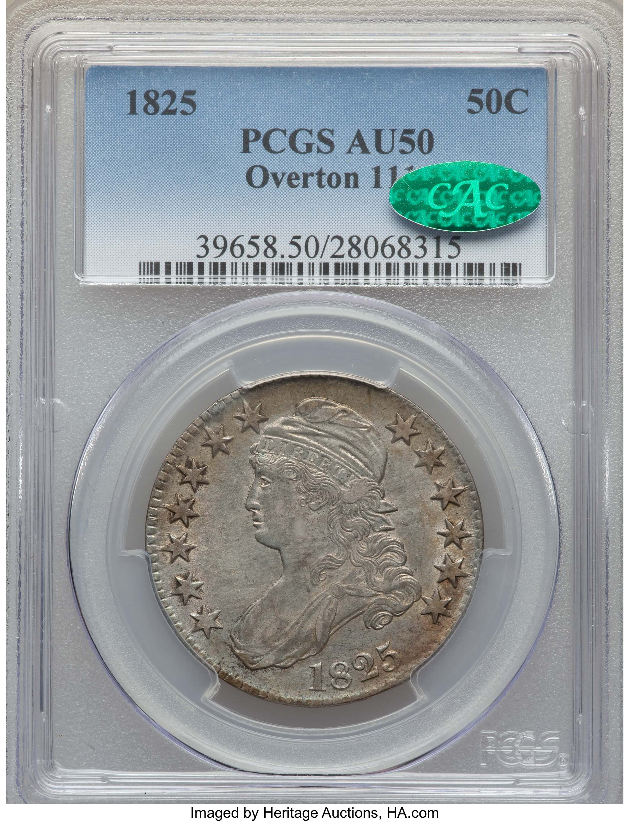 image for: 1825 50C O-111, R.3, AU50 PCGS. CAC. PCGS Population: (1/8). NGC Census: (2/8). AU50. Mintage 2,900,000. ...