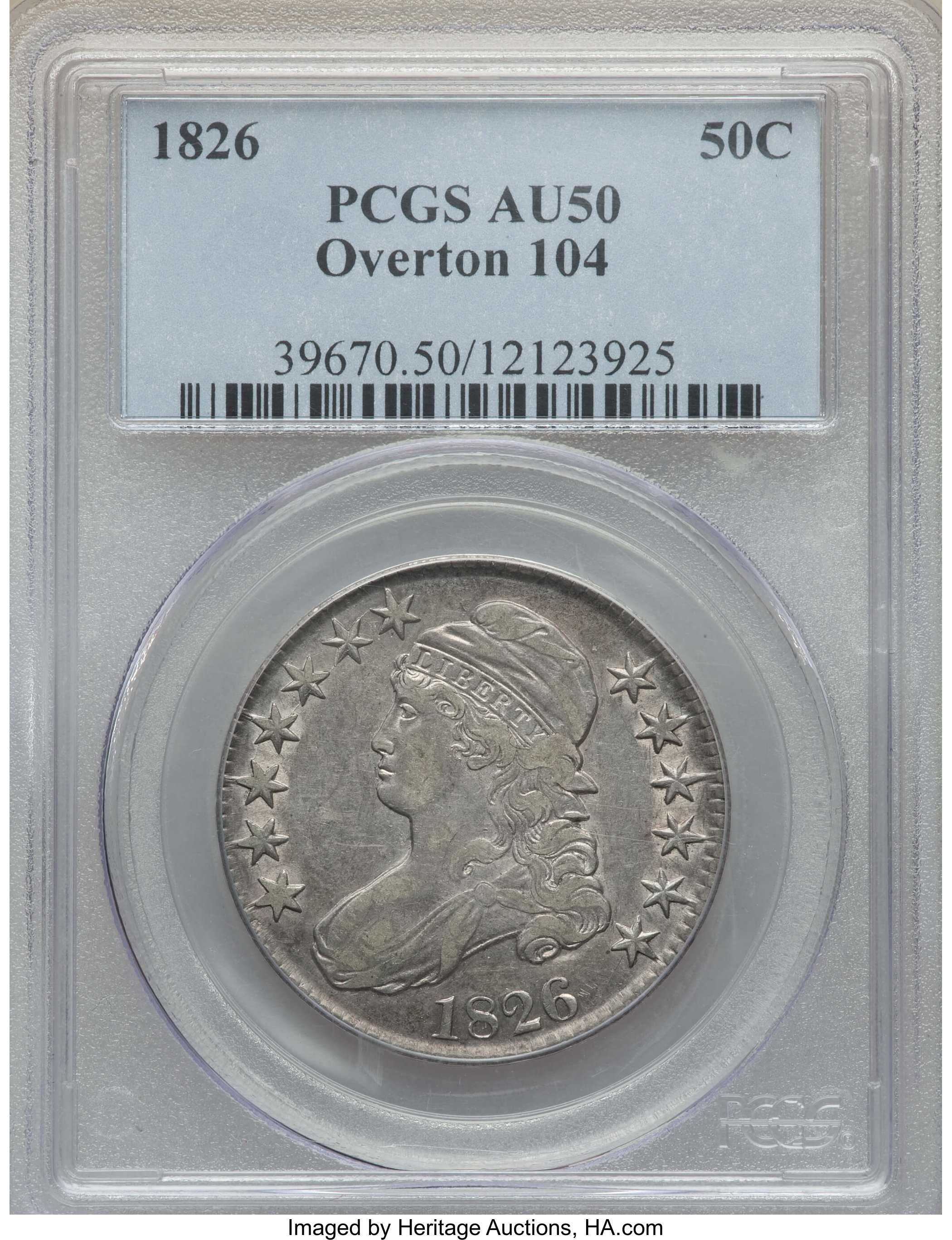 image for: 1826 50C O-104, R.3, AU50 PCGS. PCGS Population: (2/4). NGC Census: (3/4). AU50. Mintage 4,000,000. ...