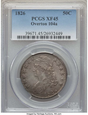image for: 1826 50C O-104a, R.3, XF45 PCGS. PCGS Population: (2/7). NGC Census: (1/11). XF45. Mintage 4,000,000. ...