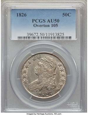 image for: 1826 50C O-105, R.3, AU50 PCGS. PCGS Population: (1/11). NGC Census: (1/12). AU50. Mintage 4,000,000. ...