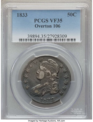 image for: 1833 50C O-106, R.2, VF35 PCGS. PCGS Population: (3/16). NGC Census: (2/35). Mintage 5,206,000. ...