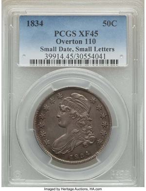 image for: 1834 50C Small Date, Small Letters, O-110, R.3, XF45 PCGS. PCGS Population: (4/6). NGC Census: (3/17). XF45. ...