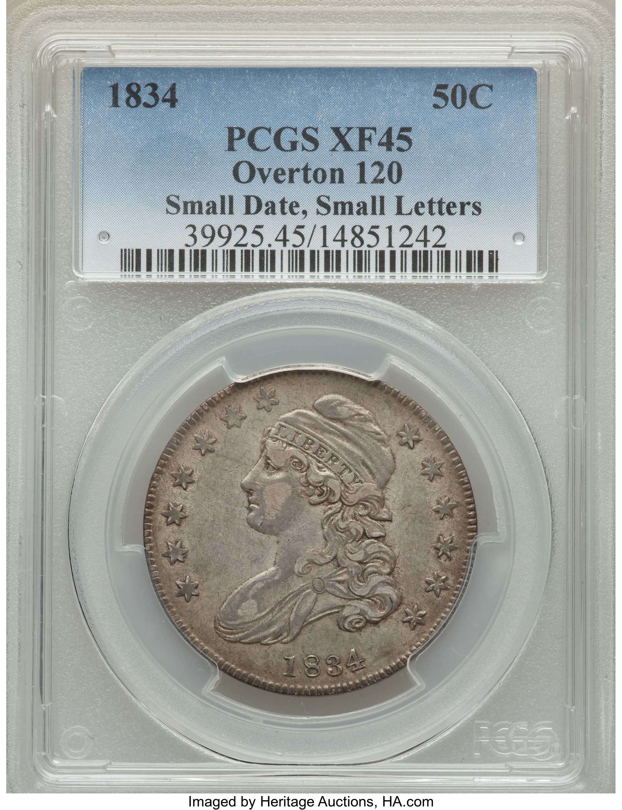 image for: 1834 50C Small Date, Small Letters, O-120, R.4, XF45 PCGS. PCGS Population: (2/10). NGC Census: (3/13). XF45. ...