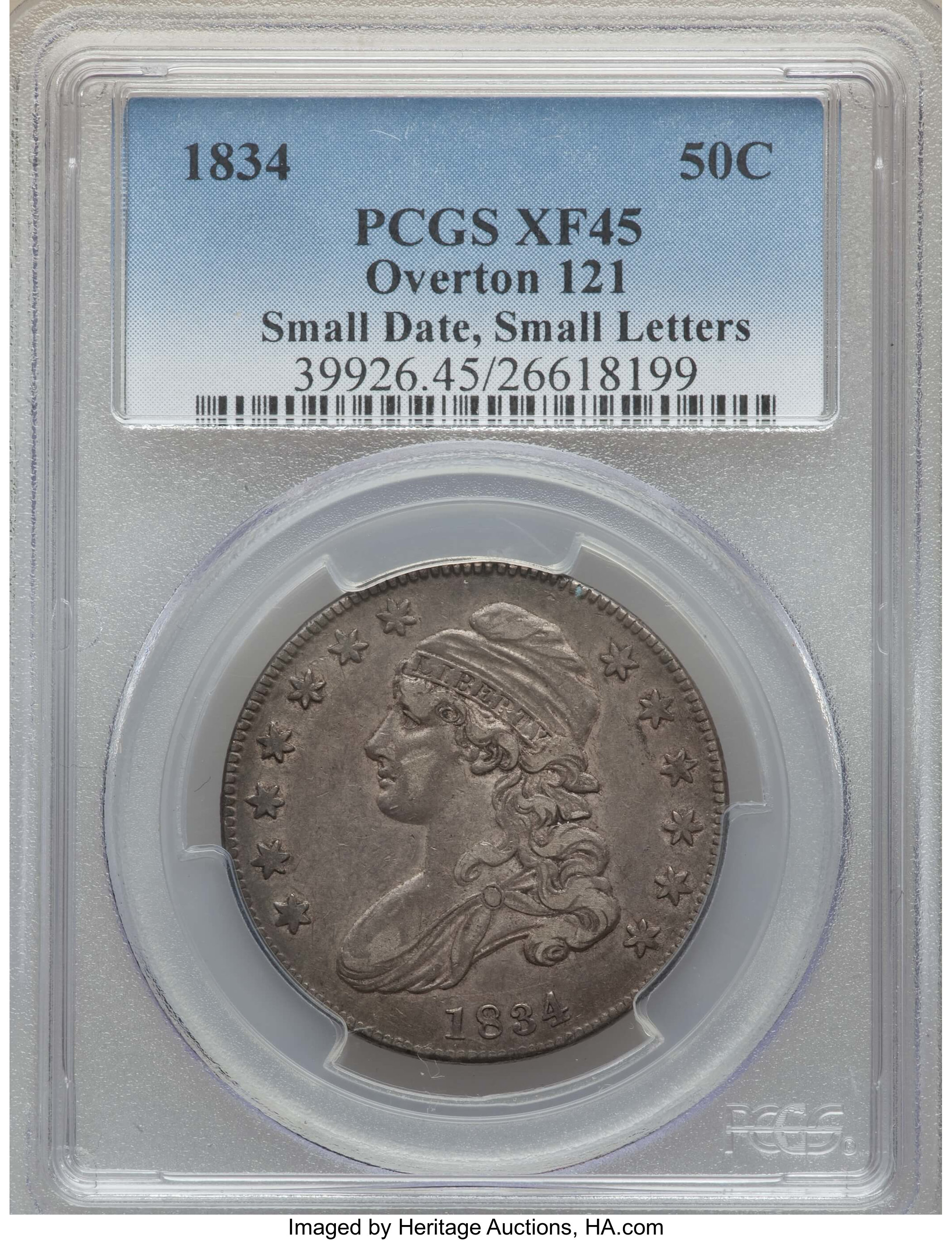 image for: 1834 50C Small Date, Small Letters, O-121, R.3, XF45 PCGS. PCGS Population: (6/9). NGC Census: (3/14). XF45. ...