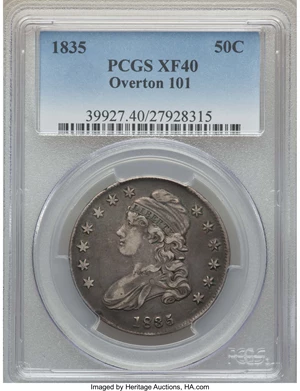 image for: 1835 50C O-101, R.1, XF40 PCGS. PCGS Population: (4/21). NGC Census: (4/31). XF40. ...