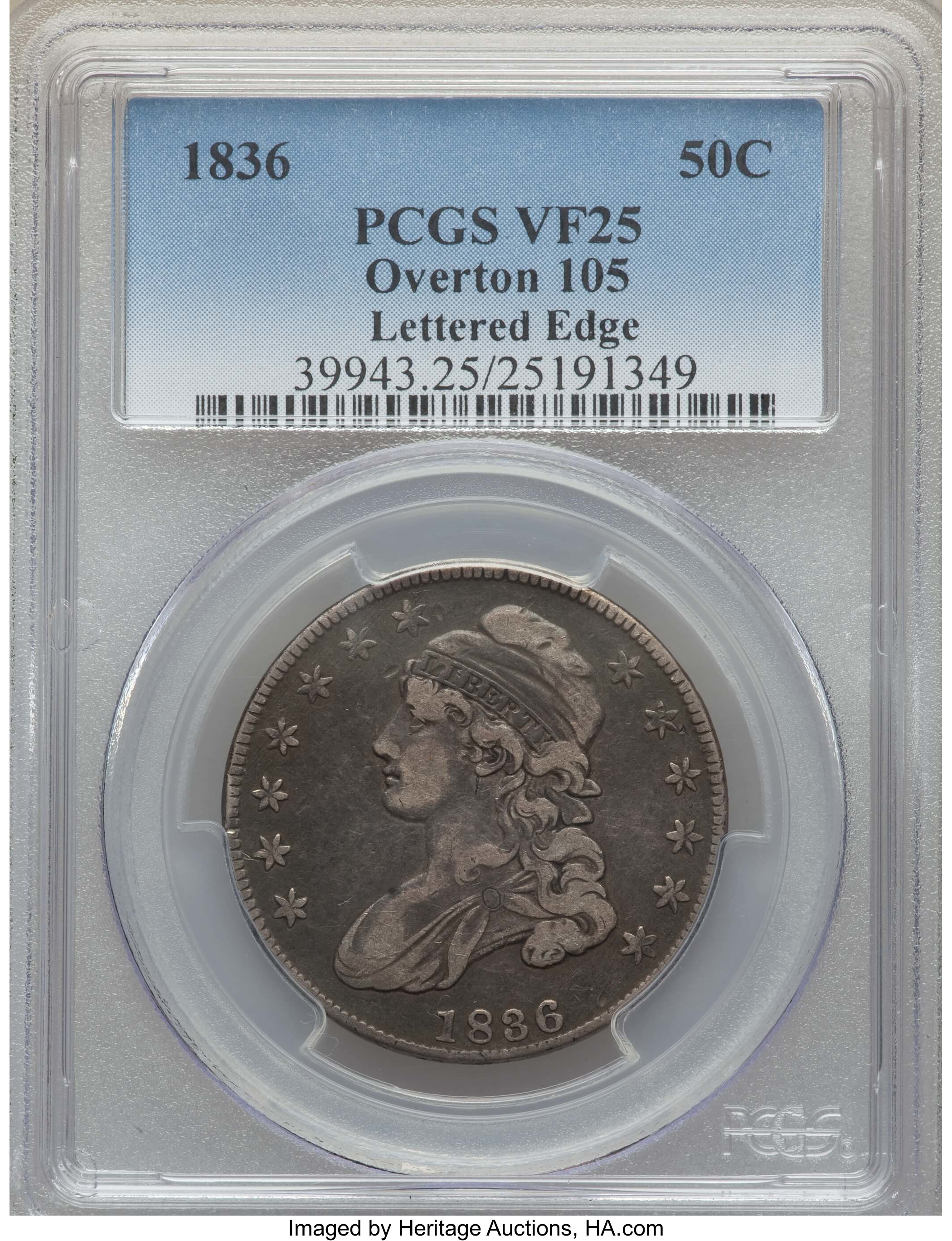 image for: 1836 50C Lettered Edge, O-105, Low R.4, VF25 PCGS. PCGS Population: (3/13). NGC Census: (0/15).  Mintage 6,545,000. ...