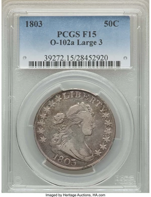 image for: 1803 50C Large 3, Small Reverse Stars, O-102a, T-2, High R.3, Fine 15 PCGS. PCGS Population: (1/5). NGC Census: (1/8). ...