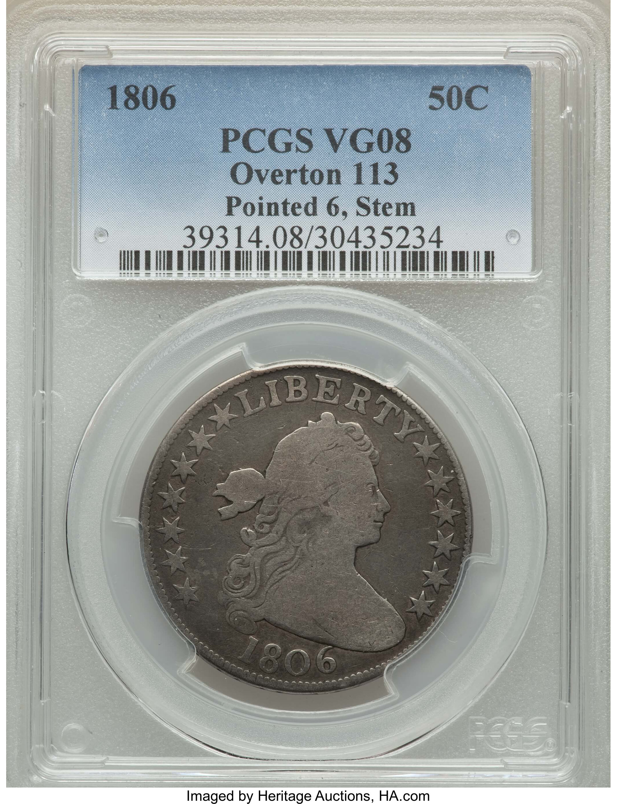 image for: 1806 50C Pointed 6, Stem, O-113, T-13, R.6, VG8 PCGS. PCGS Population: (1/11). NGC Census: (1/4). VG8 . ...