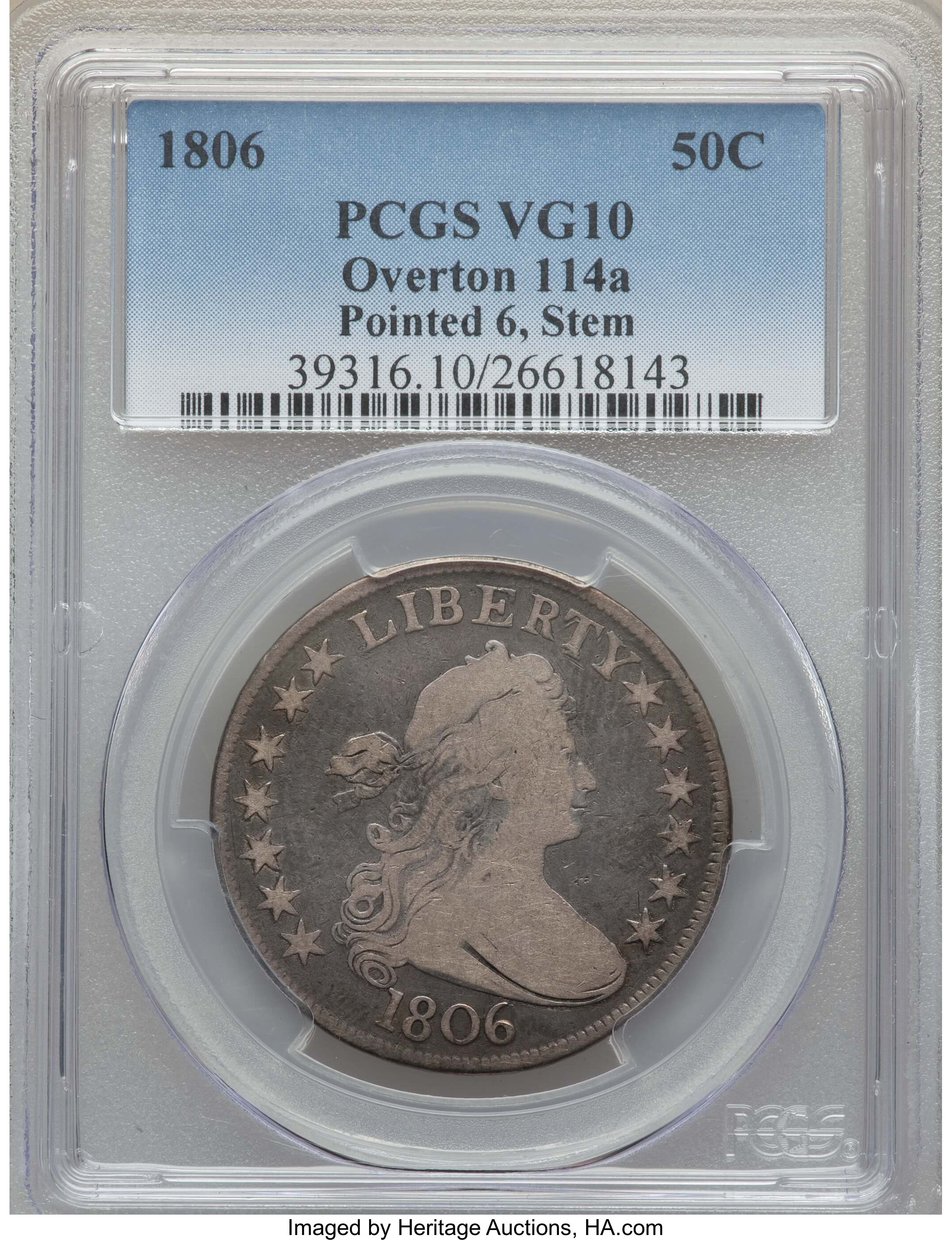 image for: 1806 50C Pointed 6, Stem, O-114a, T-16, R.4, VG10 PCGS. PCGS Population: (1/10). NGC Census: (0/10).  ...