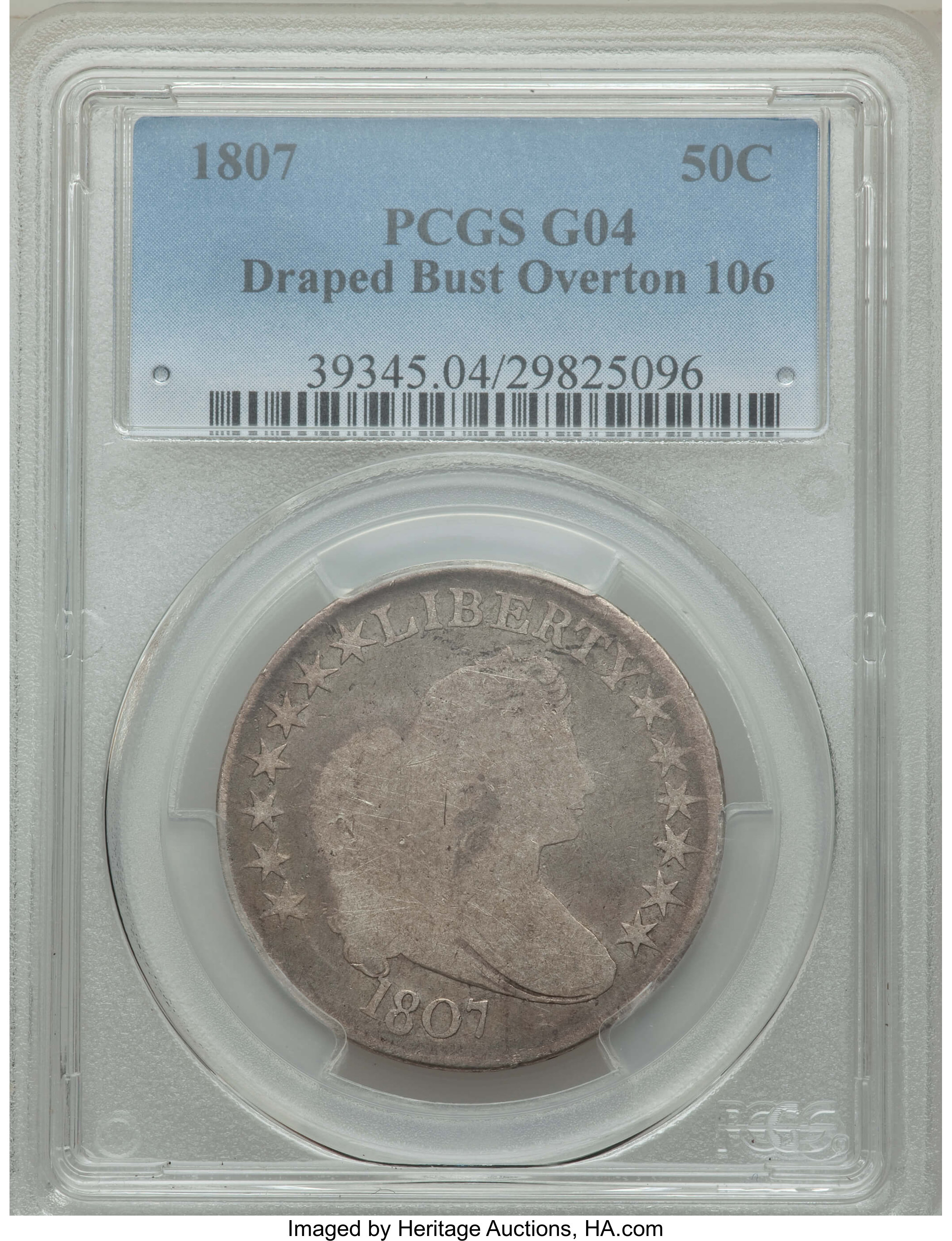 image for: 1807 50C Draped Bust, O-106, T-6, R.3, Good 4 PCGS. PCGS Population: (1/13). NGC Census: (0/18). Good 4 . ...