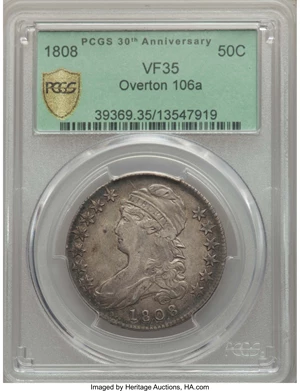 image for: 1808 50C O-106a, R.2, VF35 PCGS Secure. EX: 30th Anniversary. PCGS Population: (1/6 and 0/0+). NGC Census: (1/3 and 0/0+). ...