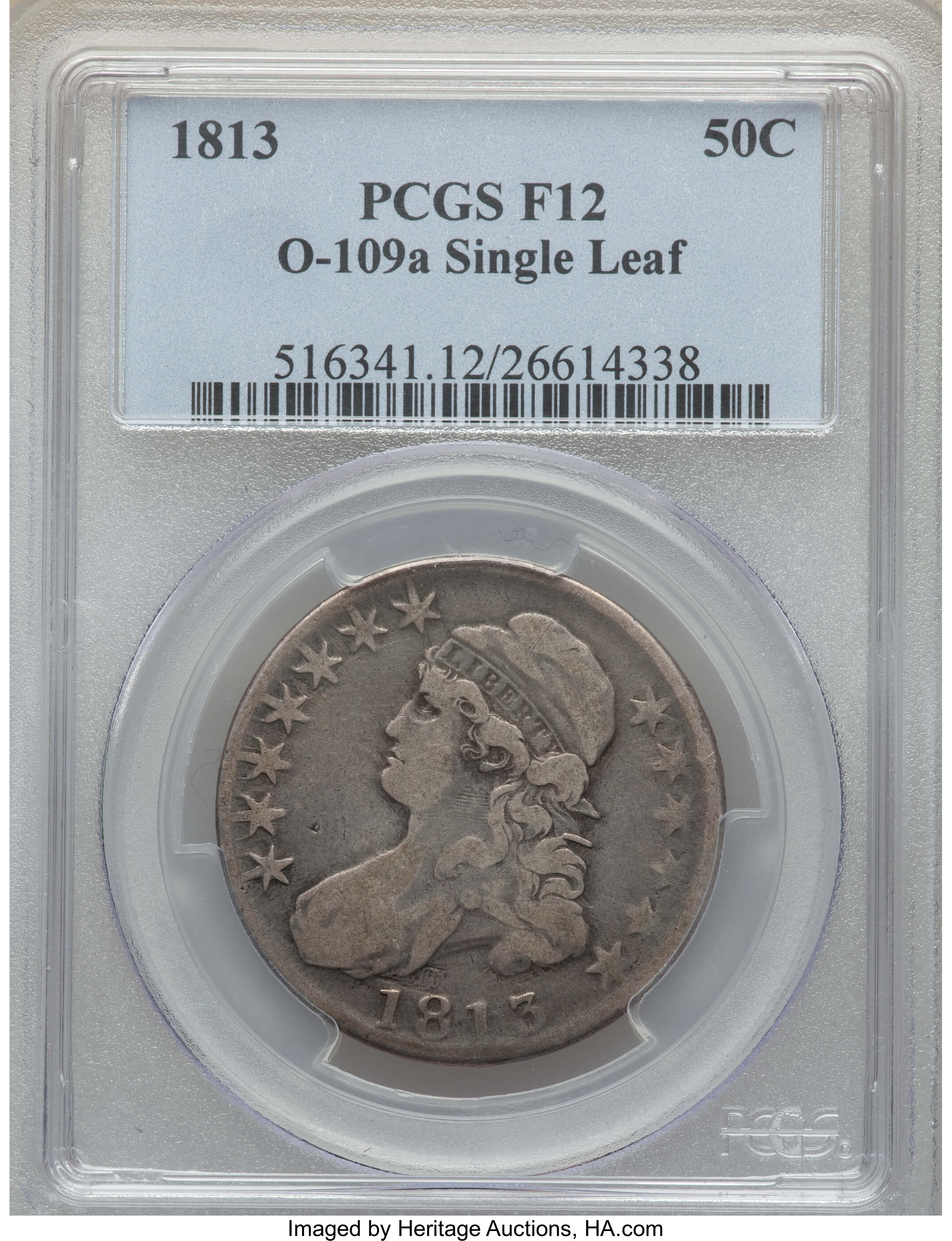 image for: 1813 50C Single Leaf, O-109a, R.5, Fine 12 PCGS. PCGS Population: (1/8). NGC Census: (1/1). Fine 12. Mintage 1,241,903. ...