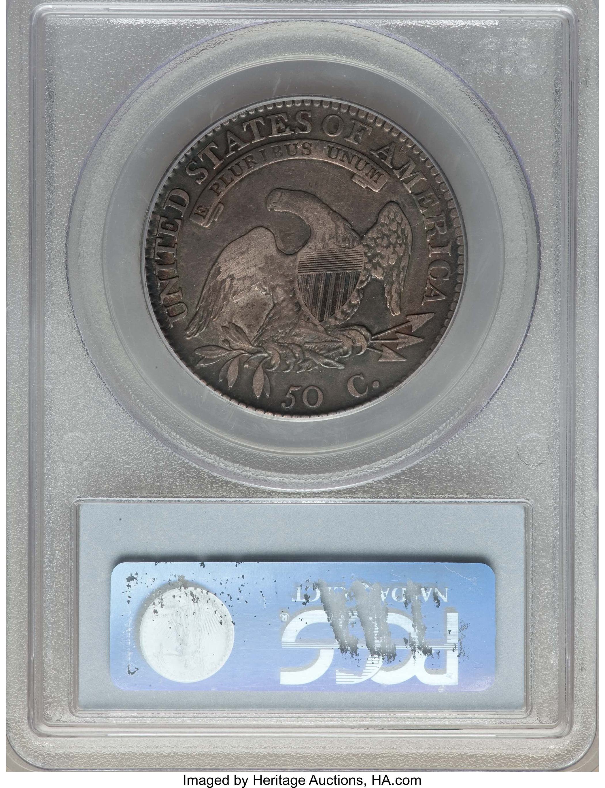 image for: 1814 50C E Over A in STATES, O-108, R.2, VF35 PCGS. PCGS Population: (2/10). NGC Census: (2/9).  ...