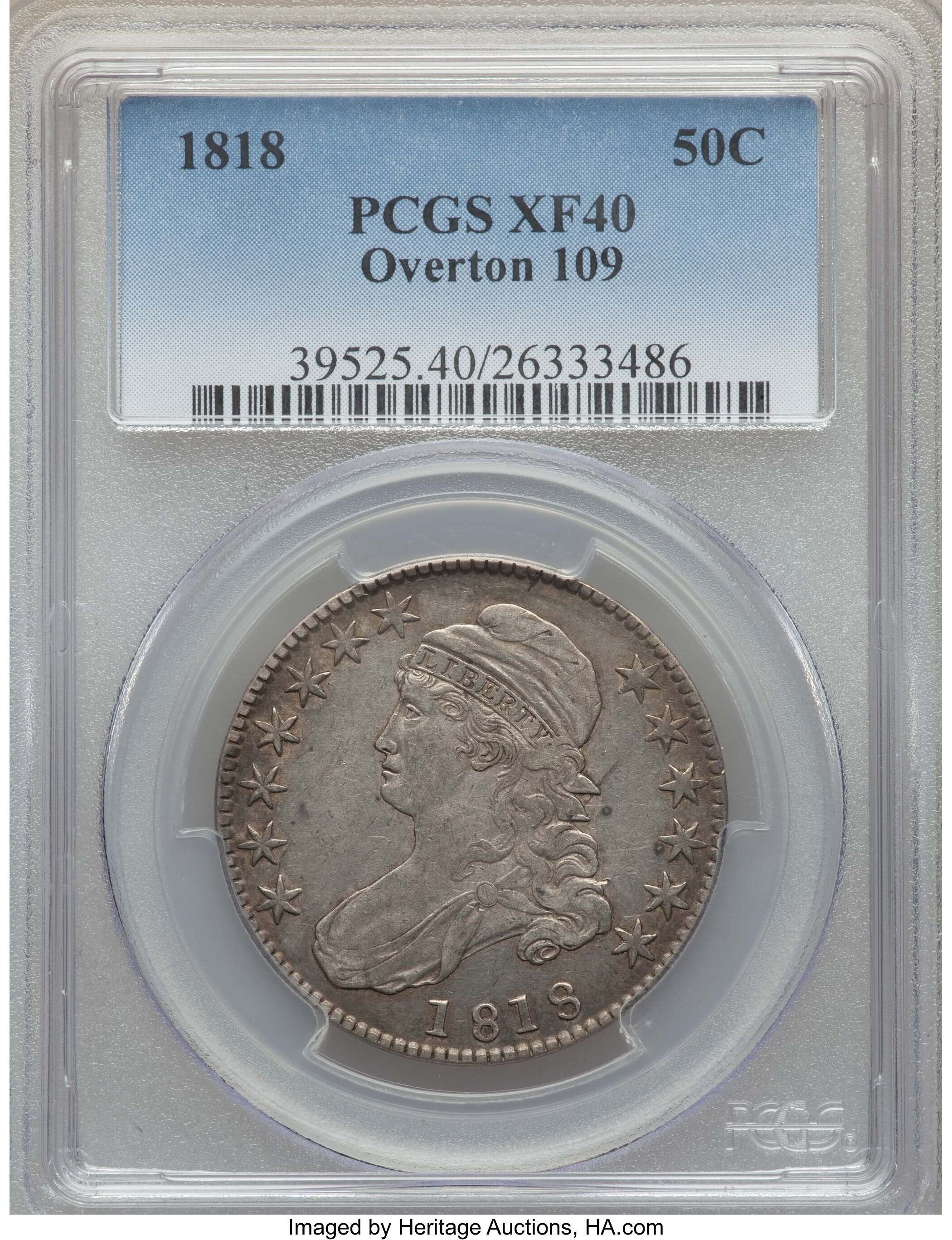 image for: 1818 50C O-109, R.1, XF40 PCGS. PCGS Population: (5/5). NGC Census: (1/8). XF40. Mintage 1,960,322. ...
