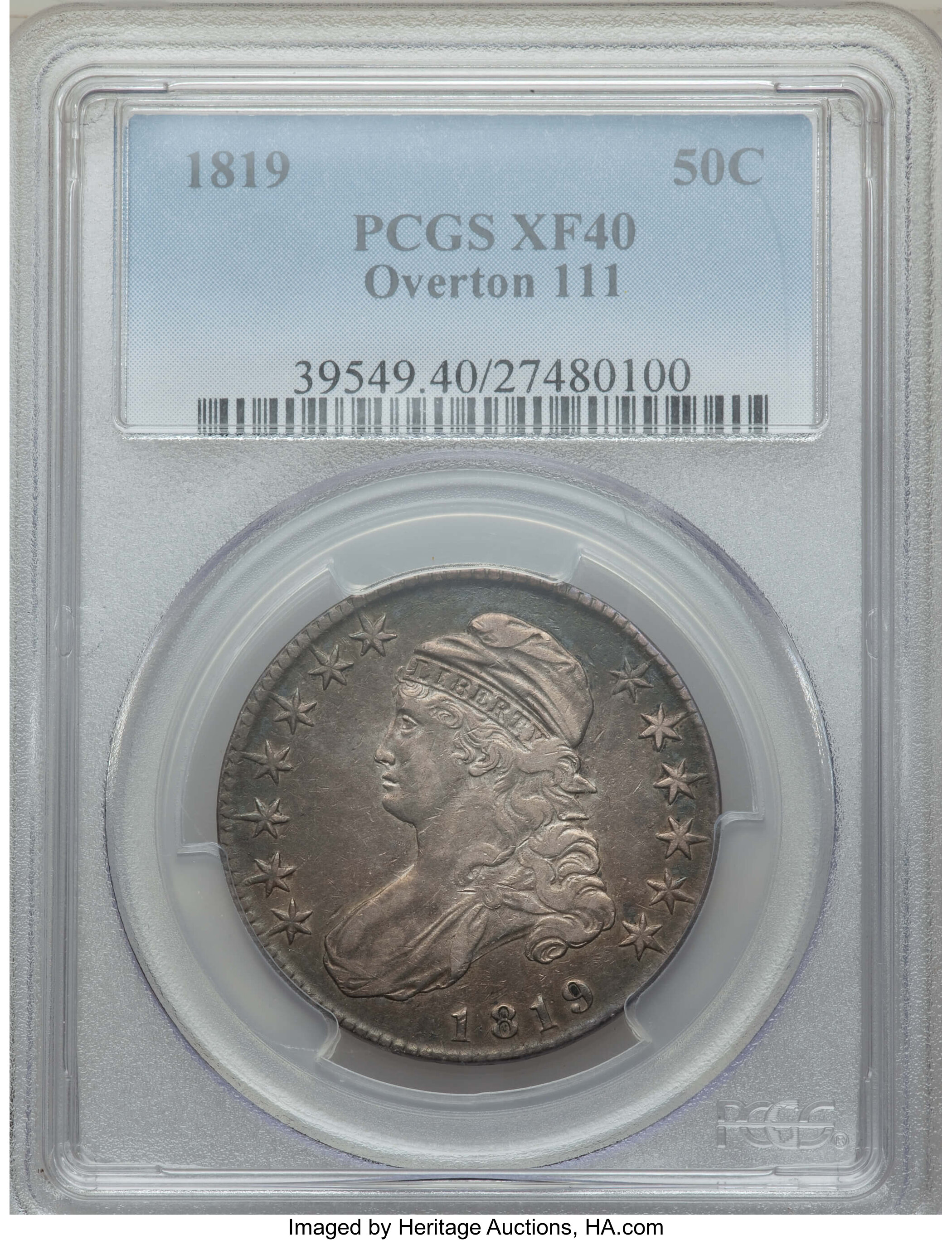 image for: 1819 50C O-111, R.2, XF40 PCGS. PCGS Population: (4/8). NGC Census: (1/12). XF40. Mintage 2,208,000. ...