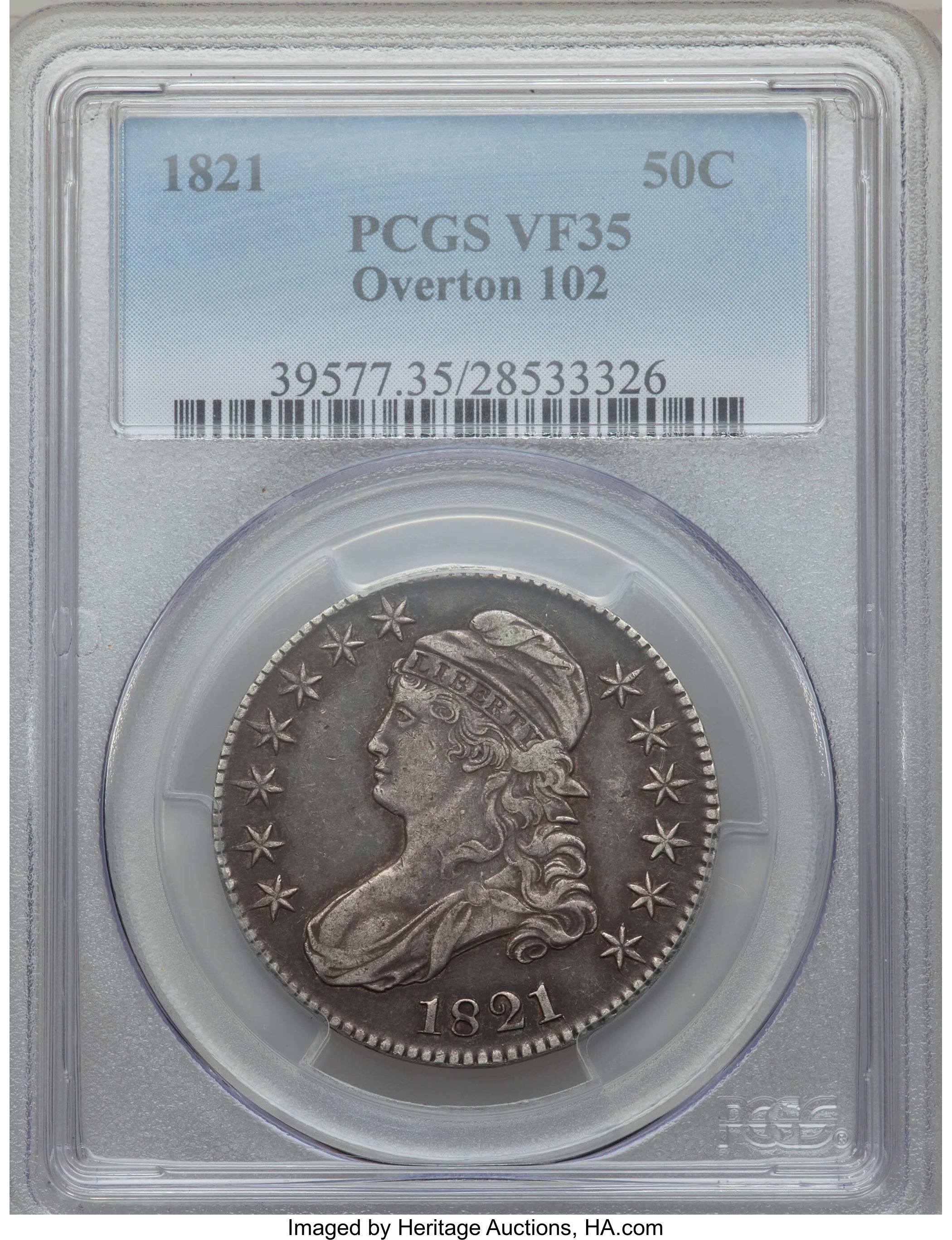 image for: 1821 50C O-102, R.2, VF35 PCGS. PCGS Population: (1/9). NGC Census: (2/12).  Mintage 1,305,797. ...