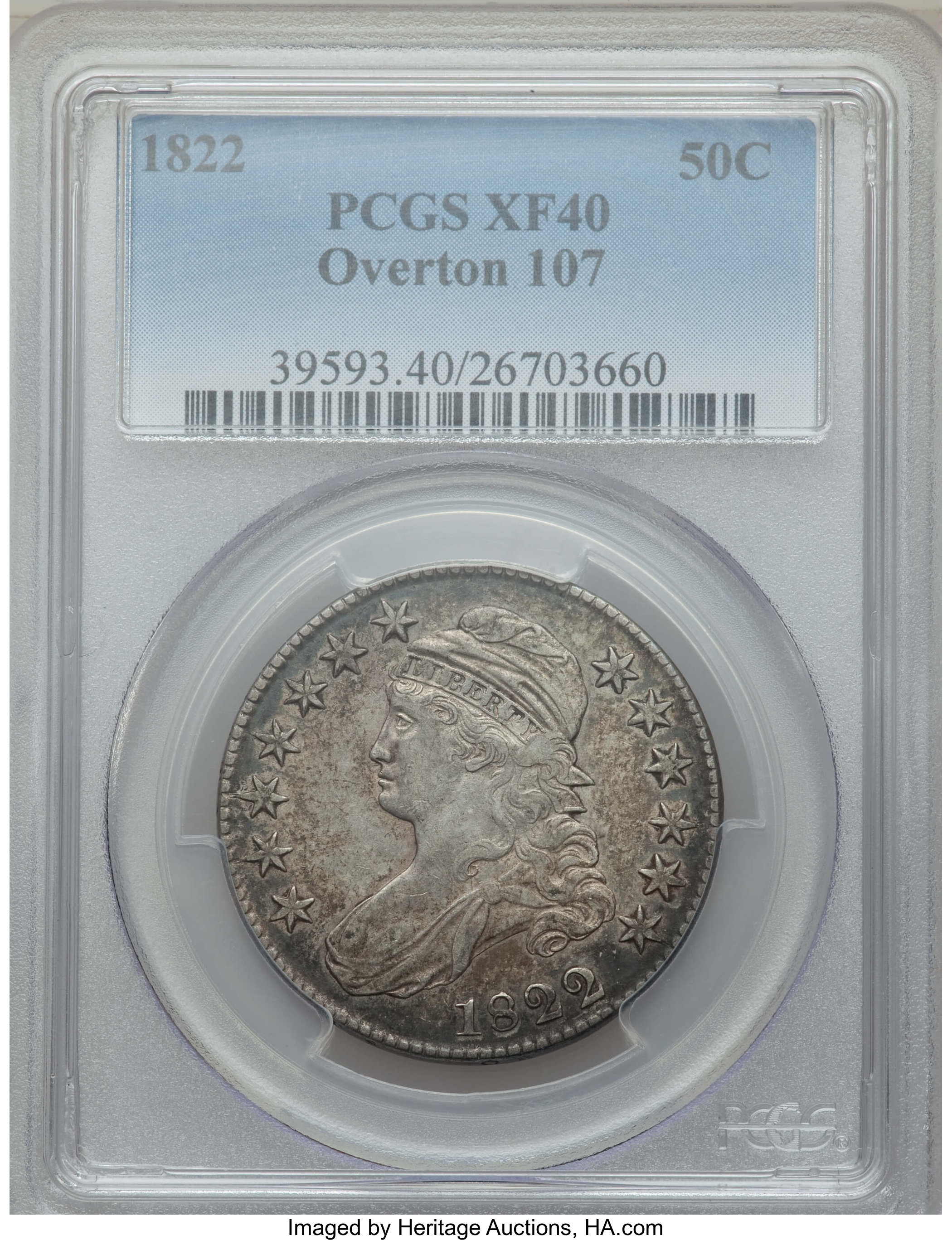 image for: 1822 50C O-107, R.2, XF40 PCGS. PCGS Population: (2/10). NGC Census: (1/8). XF40. Mintage 1,559,573. ...