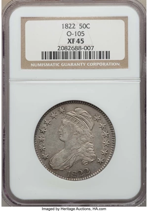 image for: 1822 50C O-105, R.3, XF45 NGC. NGC Census: (4/11). PCGS Population: (3/9). XF45. Mintage 1,559,573. ...