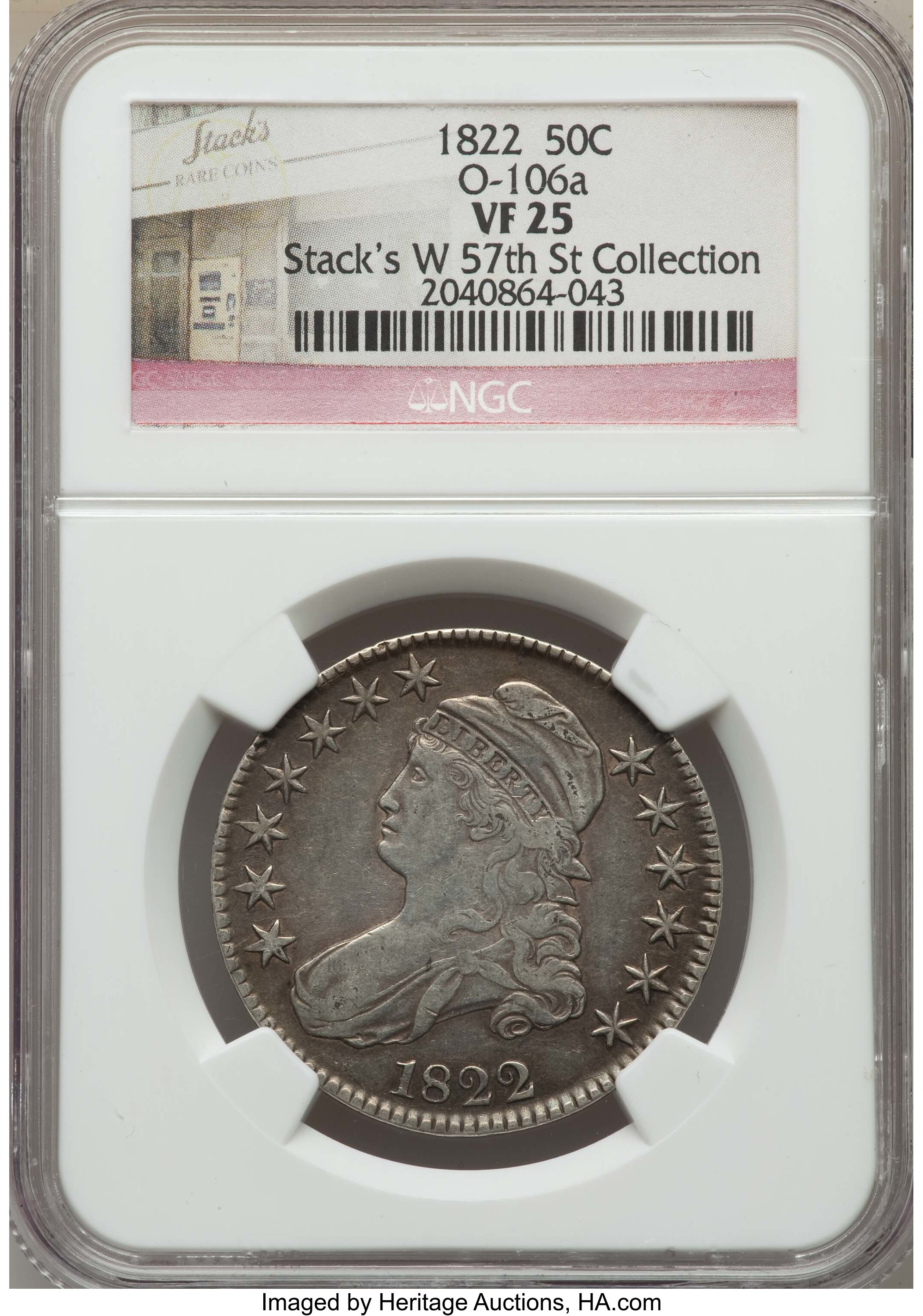 image for: 1822 50C O-106a, R.3, VF25 NGC. EX: Stack's W 57th St Collection. NGC Census: (1/9). PCGS Population: (0/13).  Mintage 1,55...