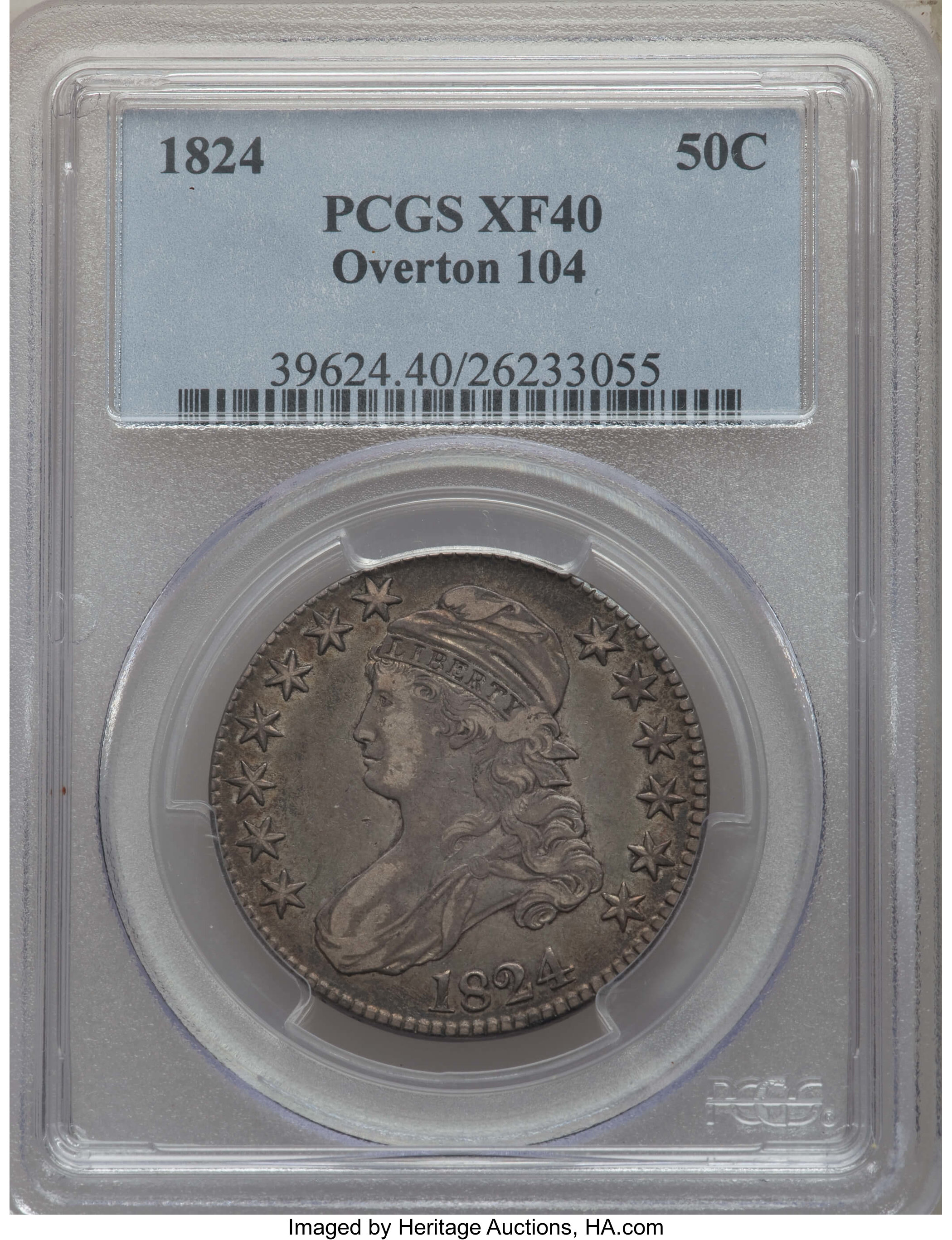 image for: 1824 50C O-104, R.2, XF40 PCGS. PCGS Population: (4/10). NGC Census: (2/22). XF40. Mintage 3,504,954....