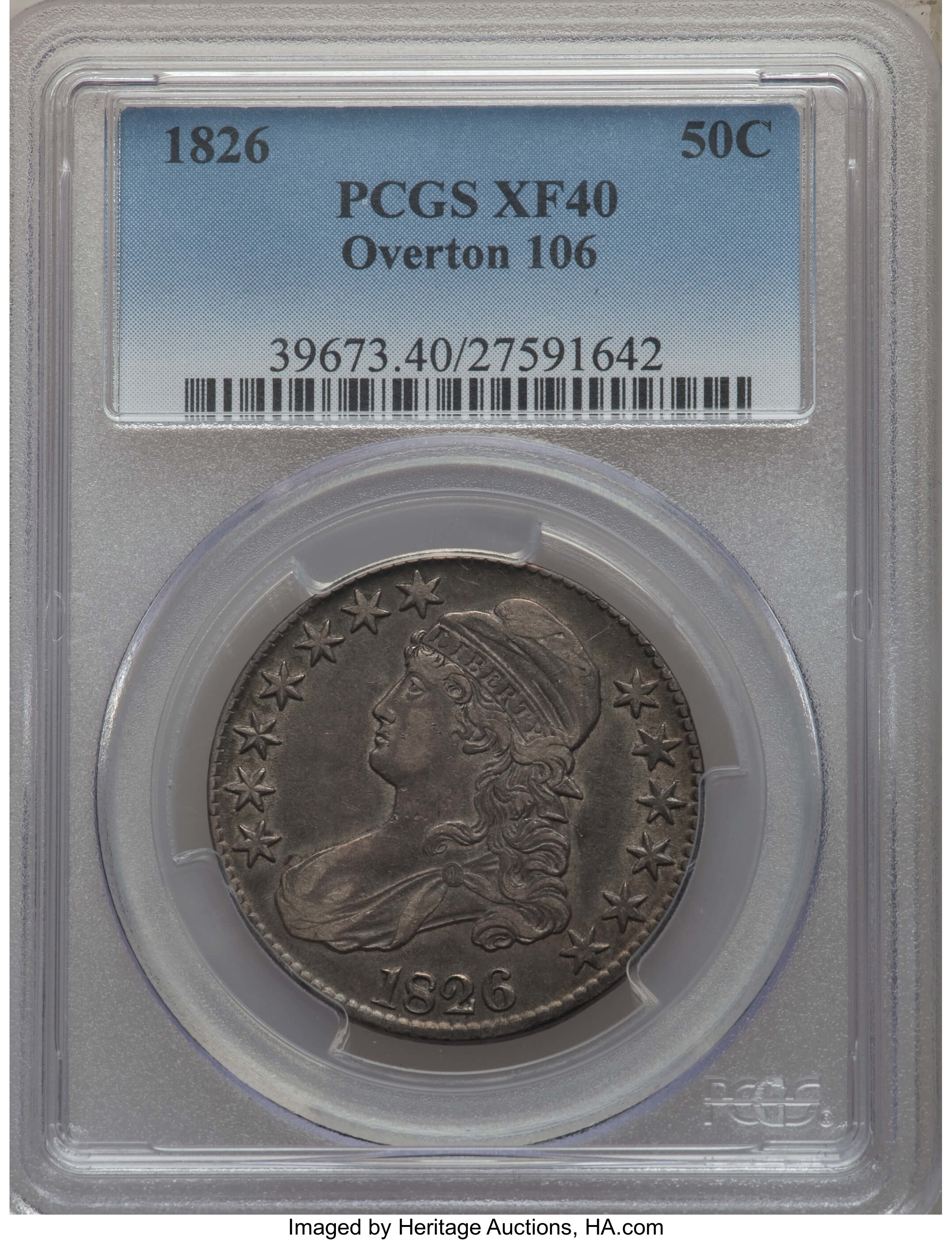 image for: 1826 50C O-106, R.3, XF40 PCGS. PCGS Population: (2/5). NGC Census: (0/6). XF40. Mintage 4,000,000....