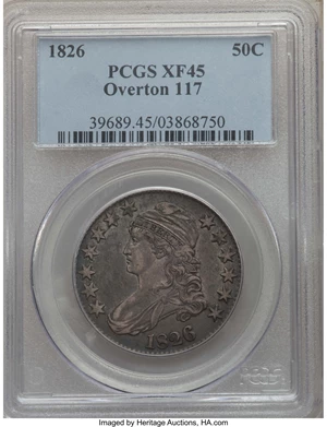 image for: 1826 50C O-117, R.2, XF45 PCGS. PCGS Population: (2/8). NGC Census: (0/12). XF45. Mintage 4,000,000....