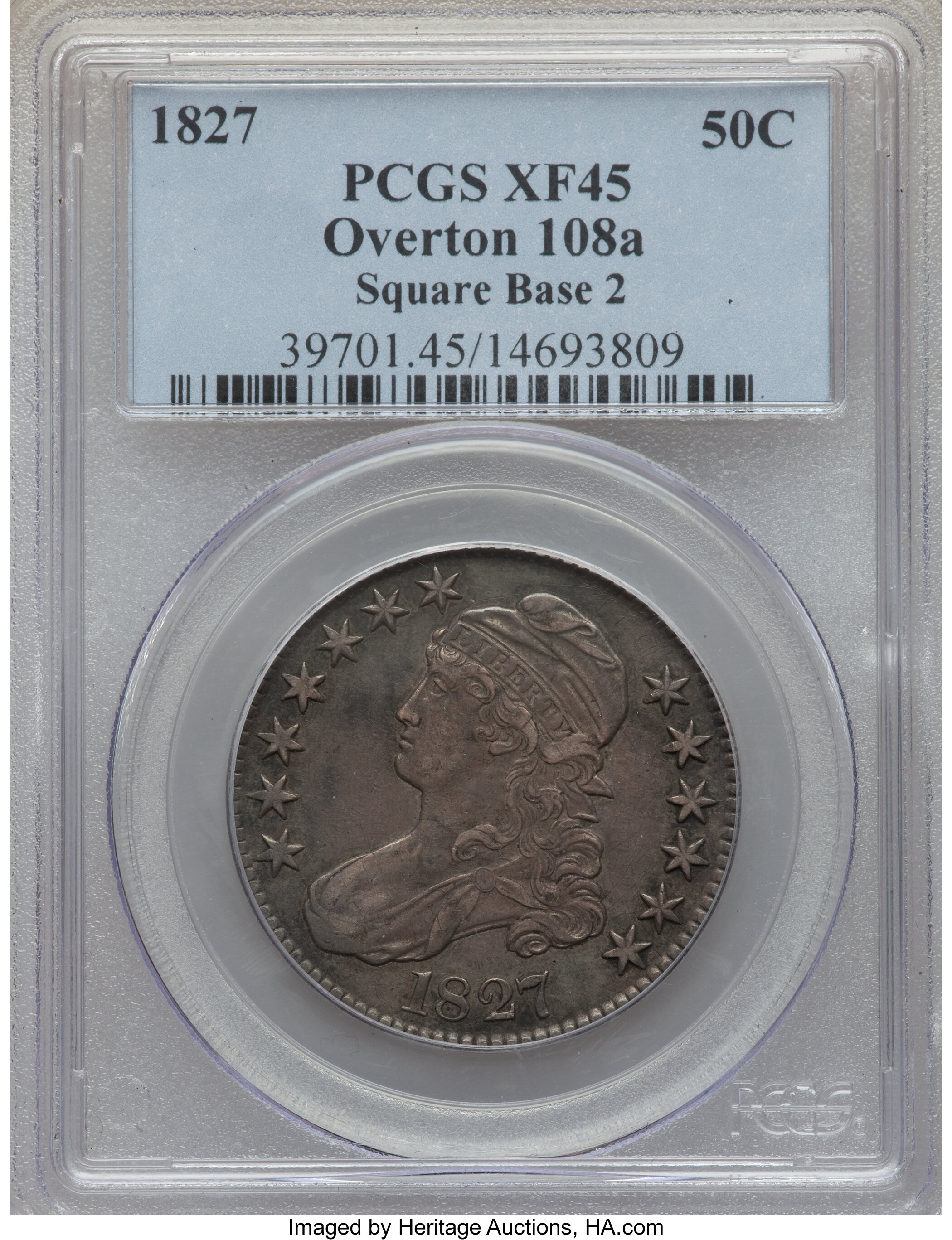 image for: 1827 50C Square Base 2, O-108a, Low R.4, XF45 PCGS. PCGS Population: (4/3). NGC Census: (3/3). XF45. Mintage 5,493,400....
