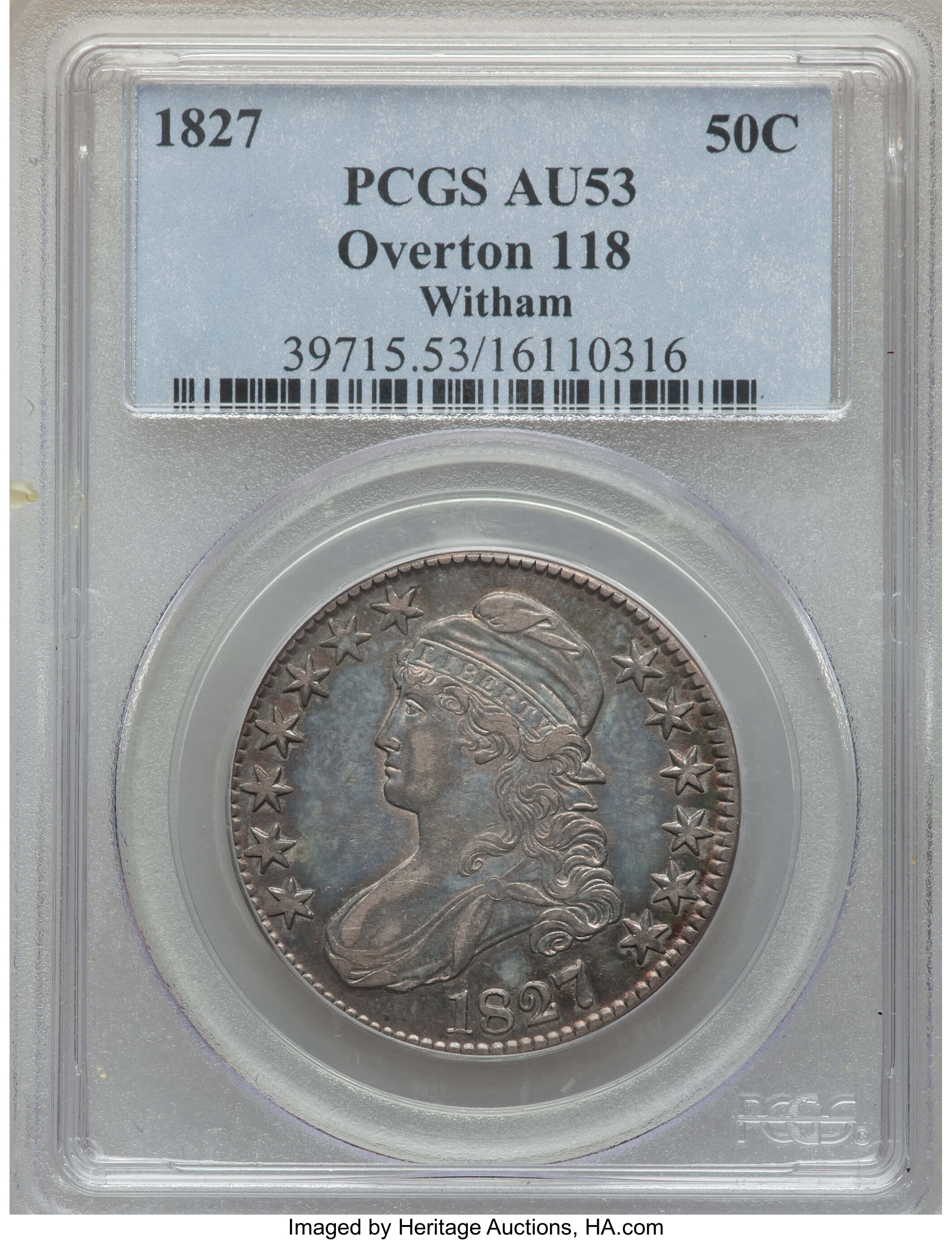 image for: 1827 50C Square Base 2, O-118, R.3, AU53 PCGS. PCGS Population: (2/4). NGC Census: (1/6). AU53. Mintage 5,493,400....