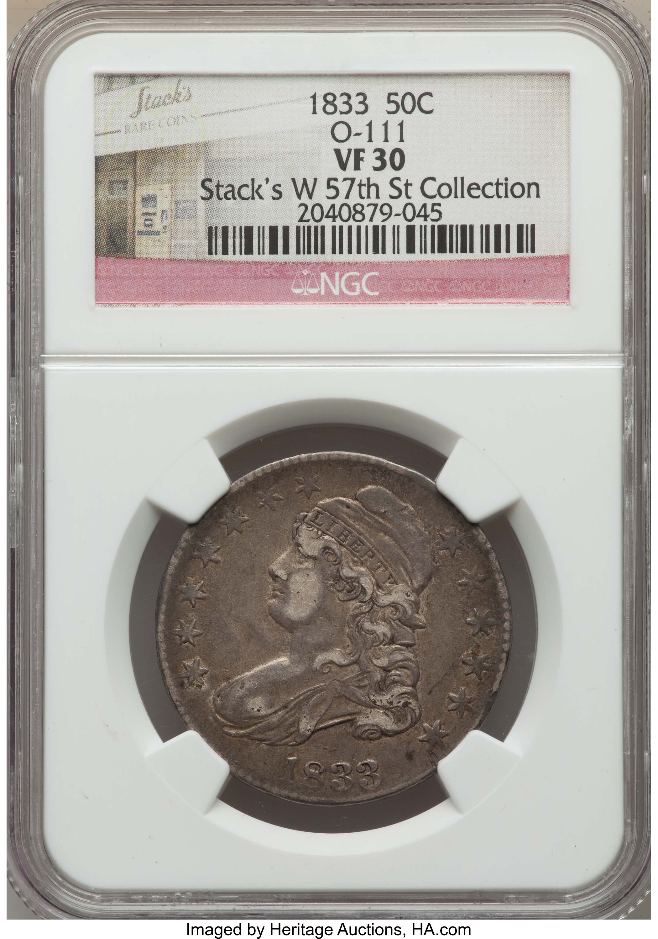 image for: 1833 50C O-111, High R.4, VF30  NGC. EX: Stack's W 57th St Collection. NGC Census: (2/7). PCGS Population: (1/10).  Mintage...