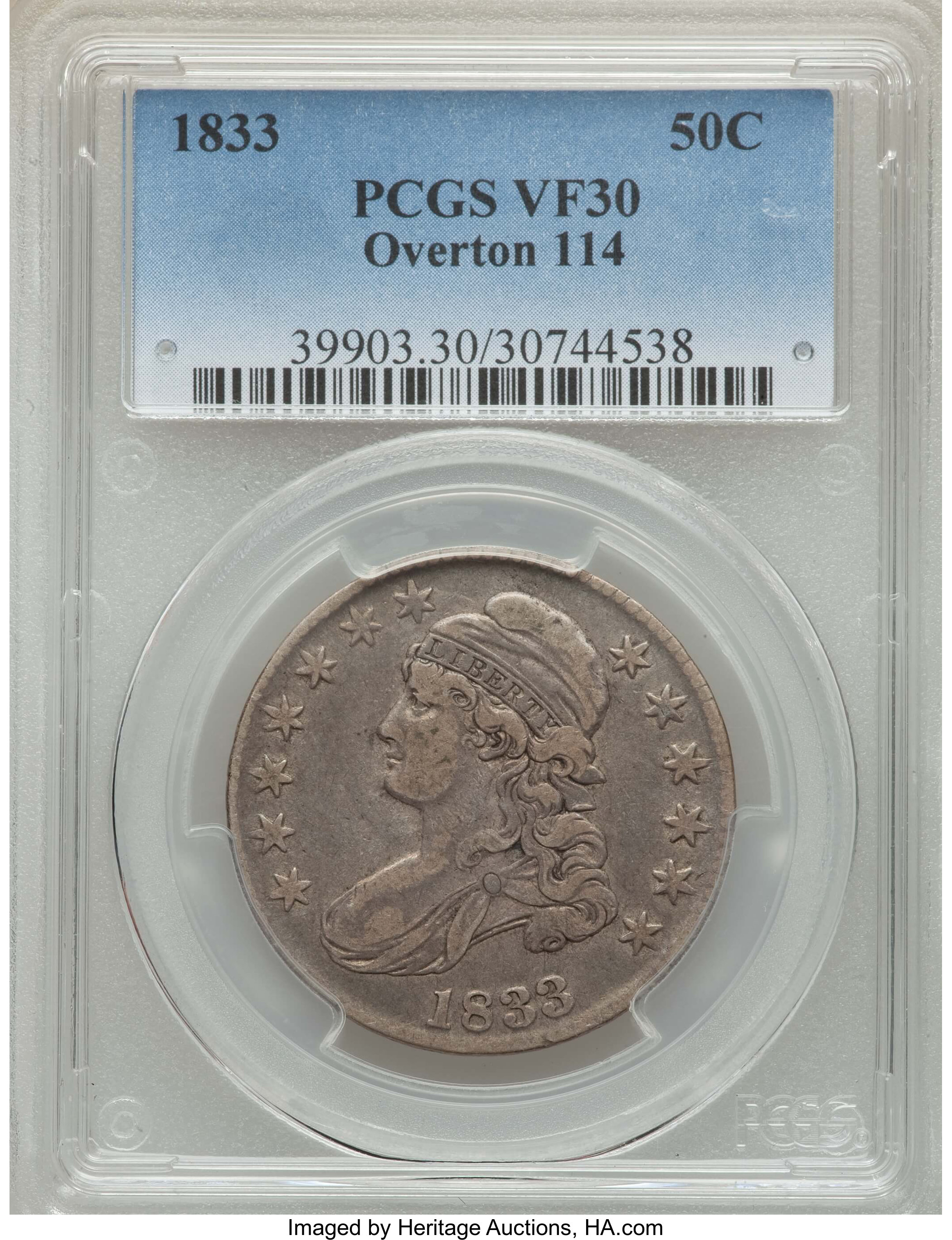image for: 1833 50C O-114, R.2, VF30 PCGS. PCGS Population: (4/18). NGC Census: (0/24)....
