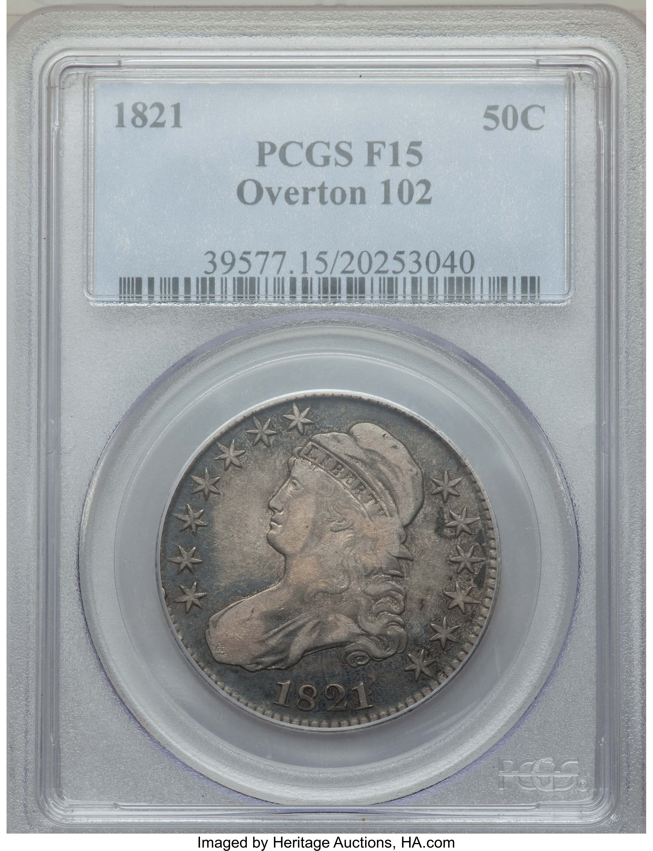 image for: 1821 50C O-102, R.2, Fine 15 PCGS. PCGS Population: (3/12). NGC Census: (0/17).  Mintage 1,305,797. ...