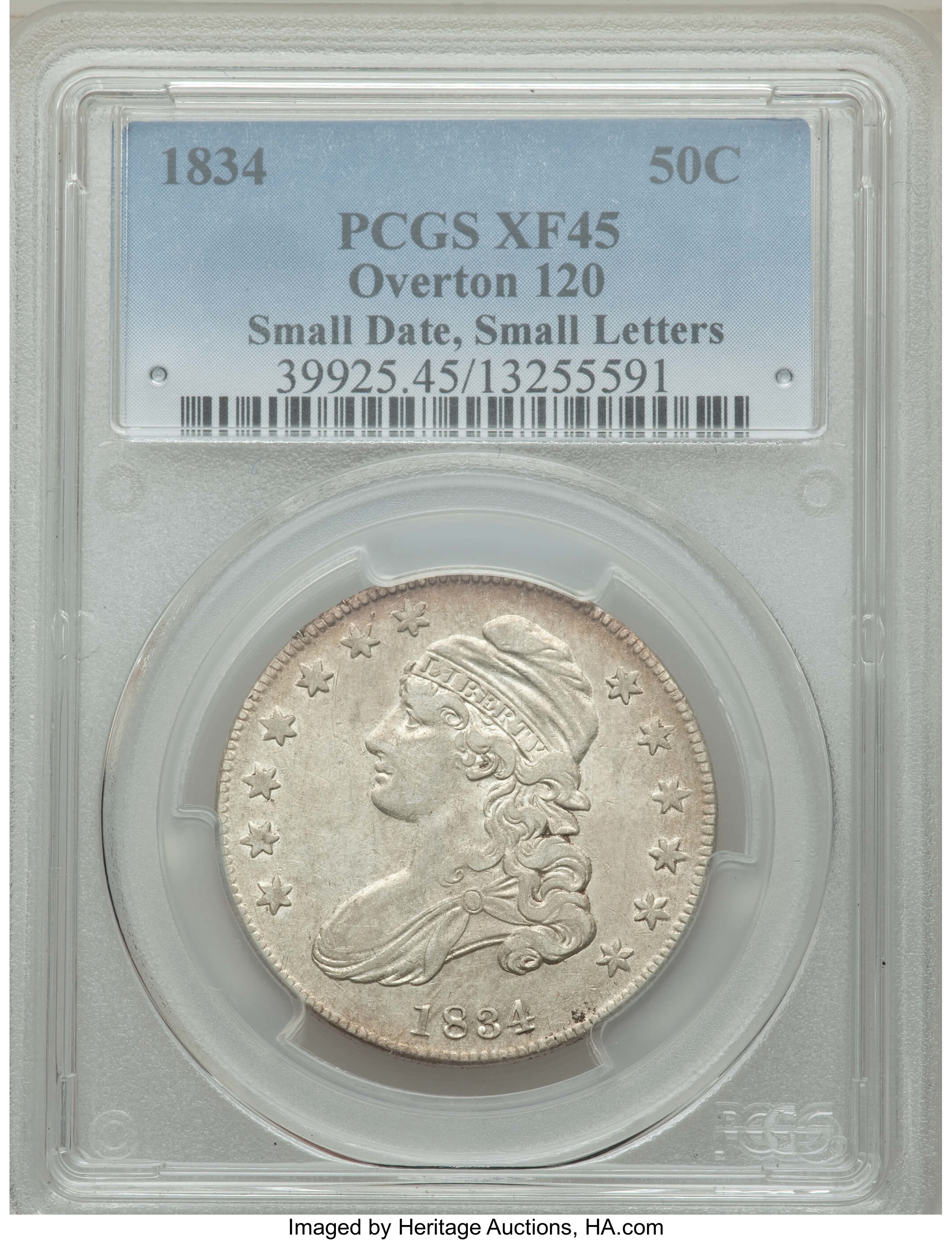 image for: 1834 50C Small Date, Small Letters, O-120, R.4, XF45 PCGS. PCGS Population: (2/10). NGC Census: (3/13). XF45. ...