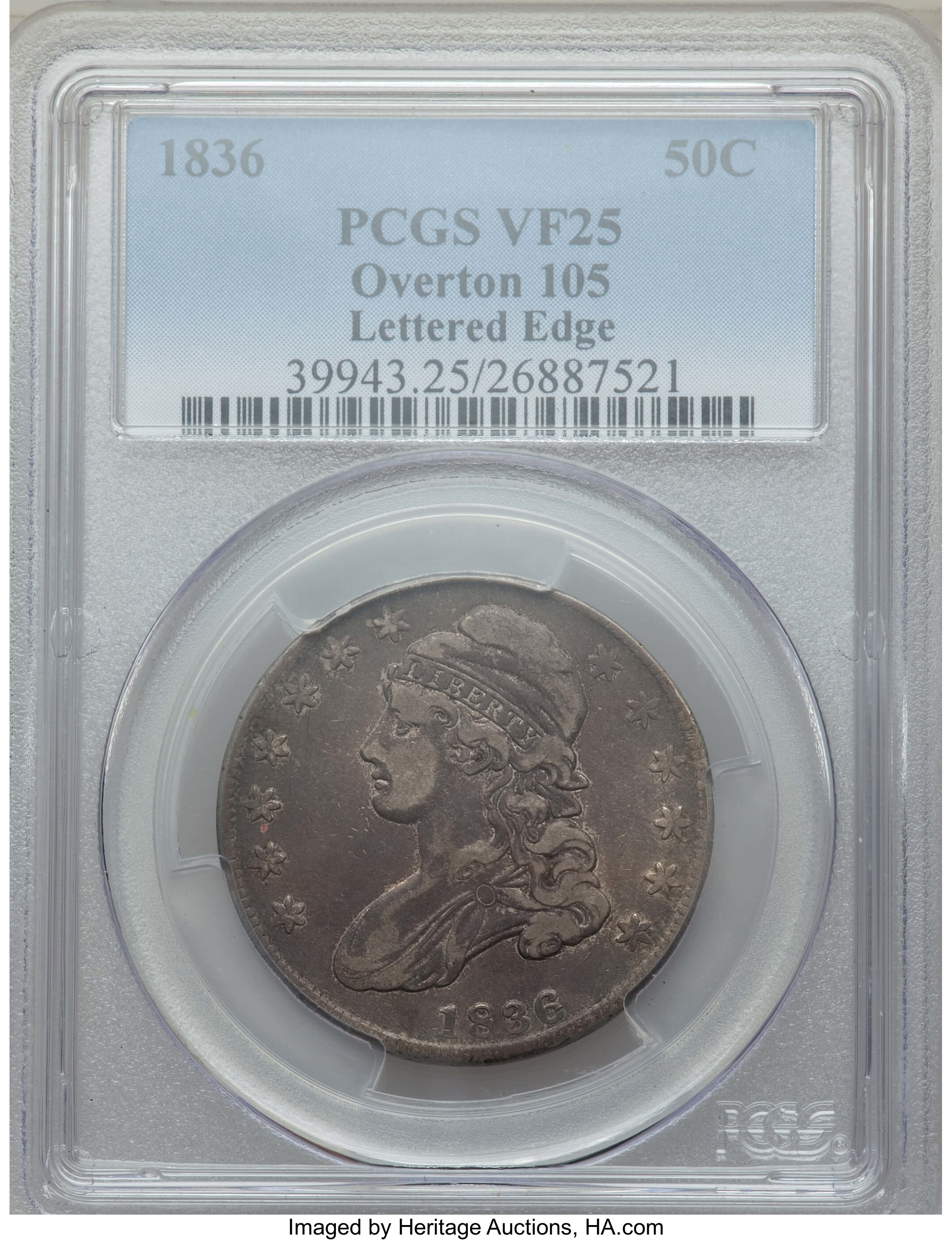 image for: 1836 50C Lettered Edge, O-105, Low R.4, VF25 PCGS. PCGS Population: (3/13). NGC Census: (0/15).  Mintage 6,545,000. ...