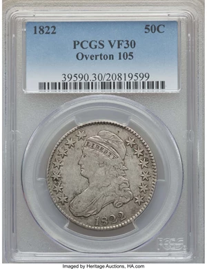 image for: 1822 50C O-105, R.3, VF30 PCGS. PCGS Population: (1/13). NGC Census: (4/15). Mintage 1,559,573. ...
