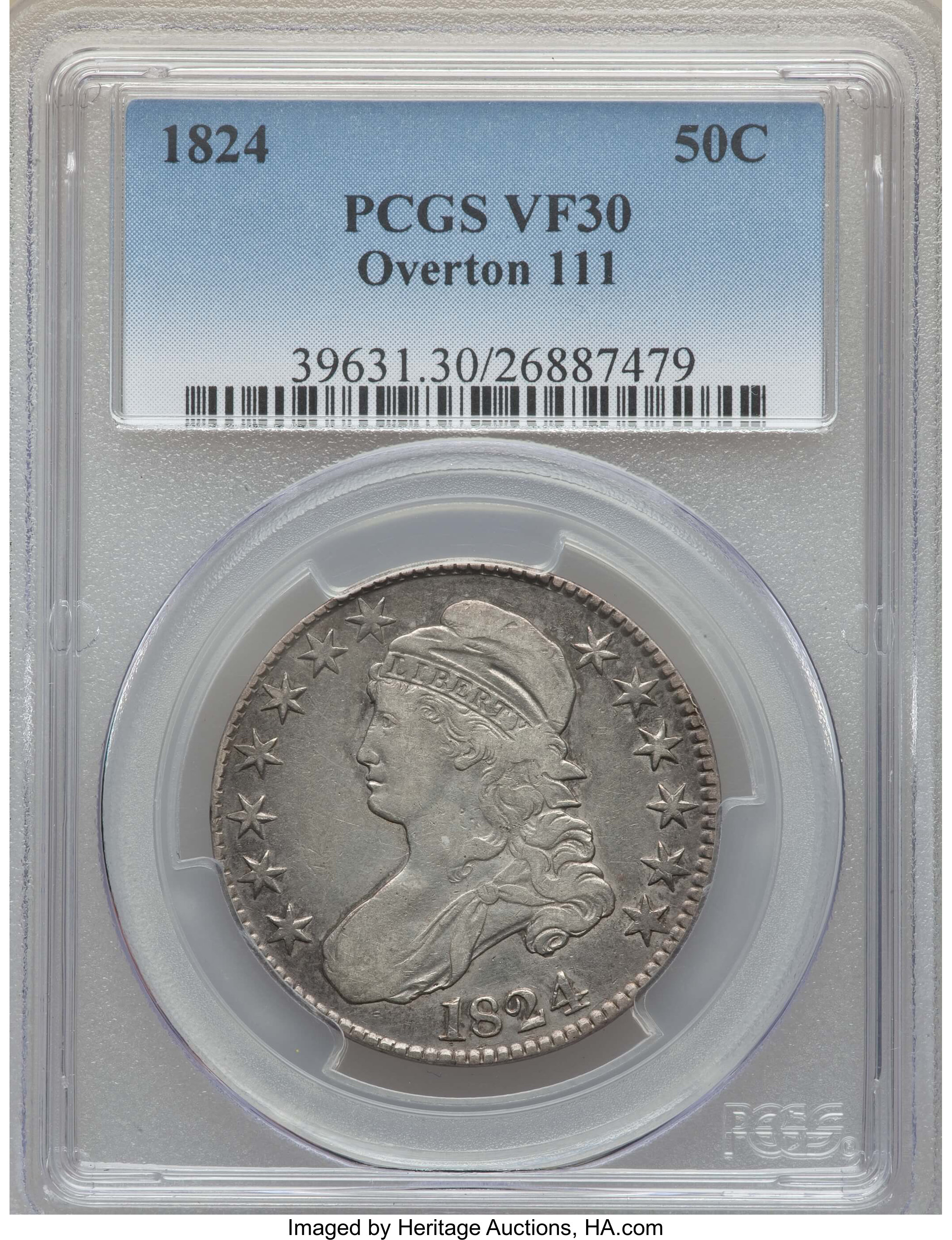 image for: 1824 50C O-111, R.2, VF30 PCGS. PCGS Population: (3/20). NGC Census: (2/32).  Mintage 3,504,954. ...