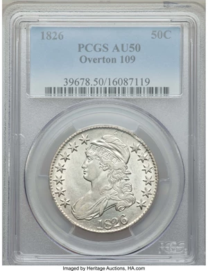 image for: 1826 50C O-109, R.1, AU50 PCGS. PCGS Population: (4/9). NGC Census: (1/10). AU50. Mintage 4,000,000. ...