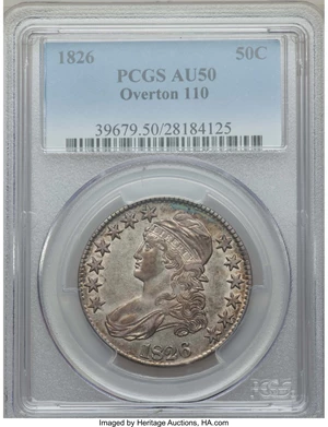 image for: 1826 50C O-110, R.2, AU50 PCGS. PCGS Population: (3/9). NGC Census: (1/21). AU50. Mintage 4,000,000. ...