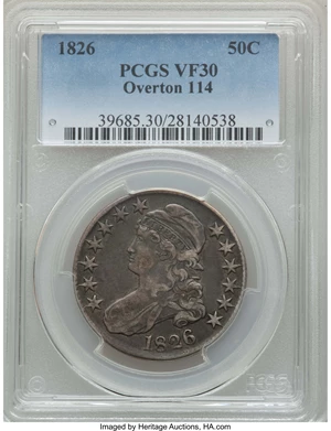 image for: 1826 50C O-114, High R.4, VF30 PCGS. PCGS Population: (2/13). NGC Census: (2/9). Mintage 4,000,000. ...