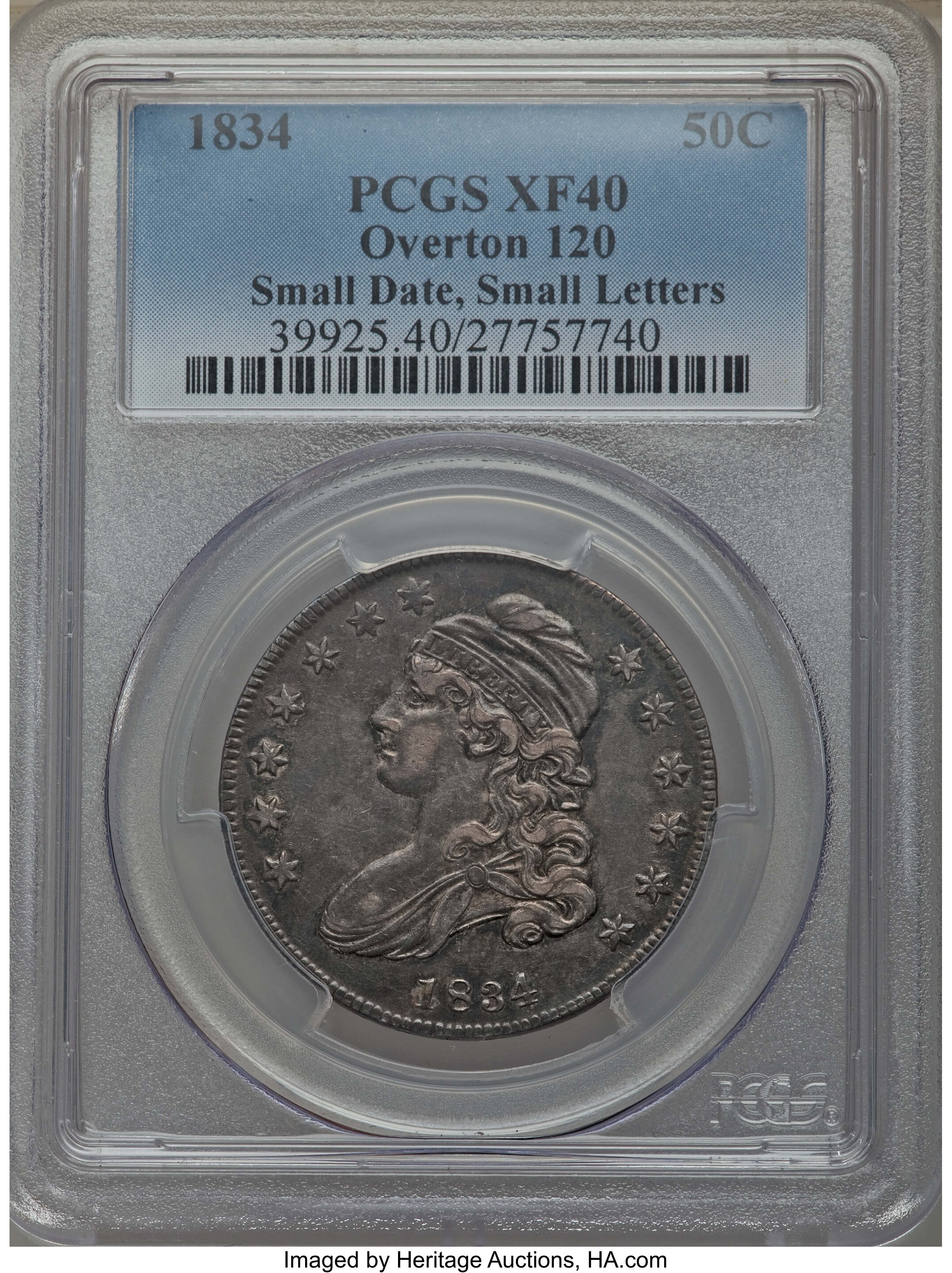 image for: 1834 50C Small Date, Small Letters, O-120, R.4, XF40 PCGS. PCGS Population: (3/12). NGC Census: (2/16). XF40. ...
