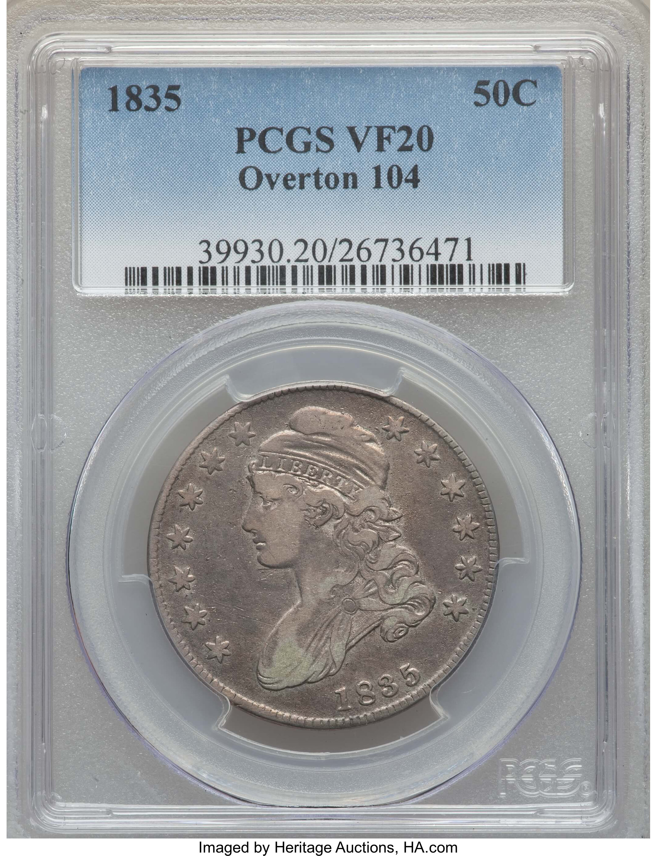 image for: 1835 50C O-104, R.3, VF20 PCGS. PCGS Population: (1/15). NGC Census: (1/15). VF20. Mintage 5,352,006. ...
