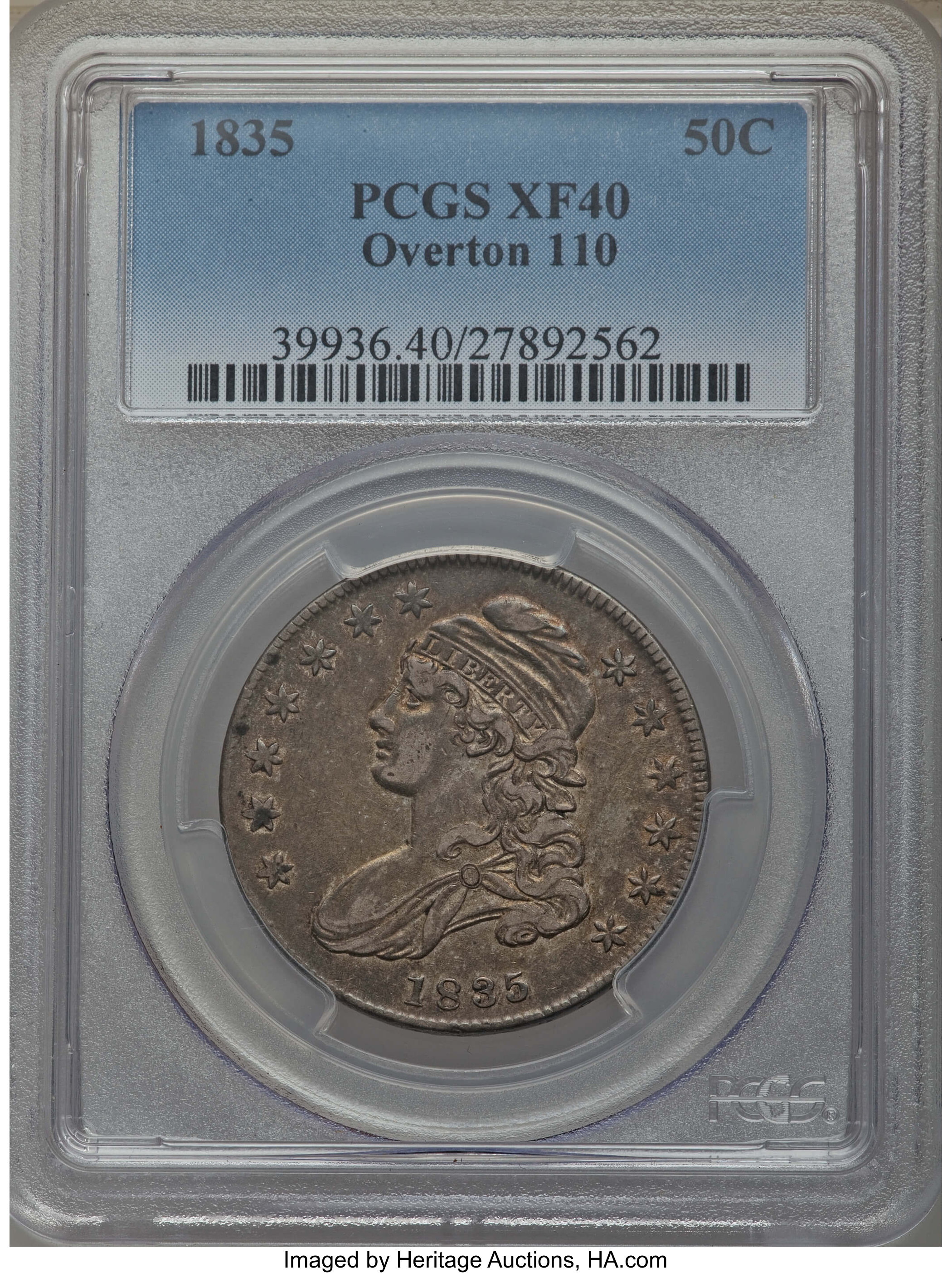 image for: 1835 50C O-110, R.2, XF40 PCGS. PCGS Population: (4/6). NGC Census: (1/10). XF40. Mintage 5,352,006. ...