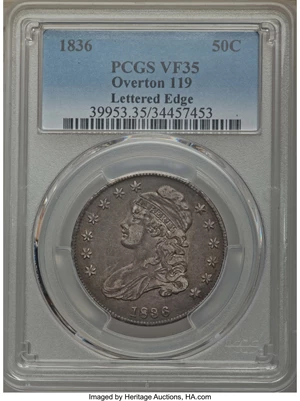 image for: 1836 50C Lettered Edge, O-119, R.3, VF35 PCGS. PCGS Population: (2/12). NGC Census: (0/21). Mintage 6,545,000. From ...