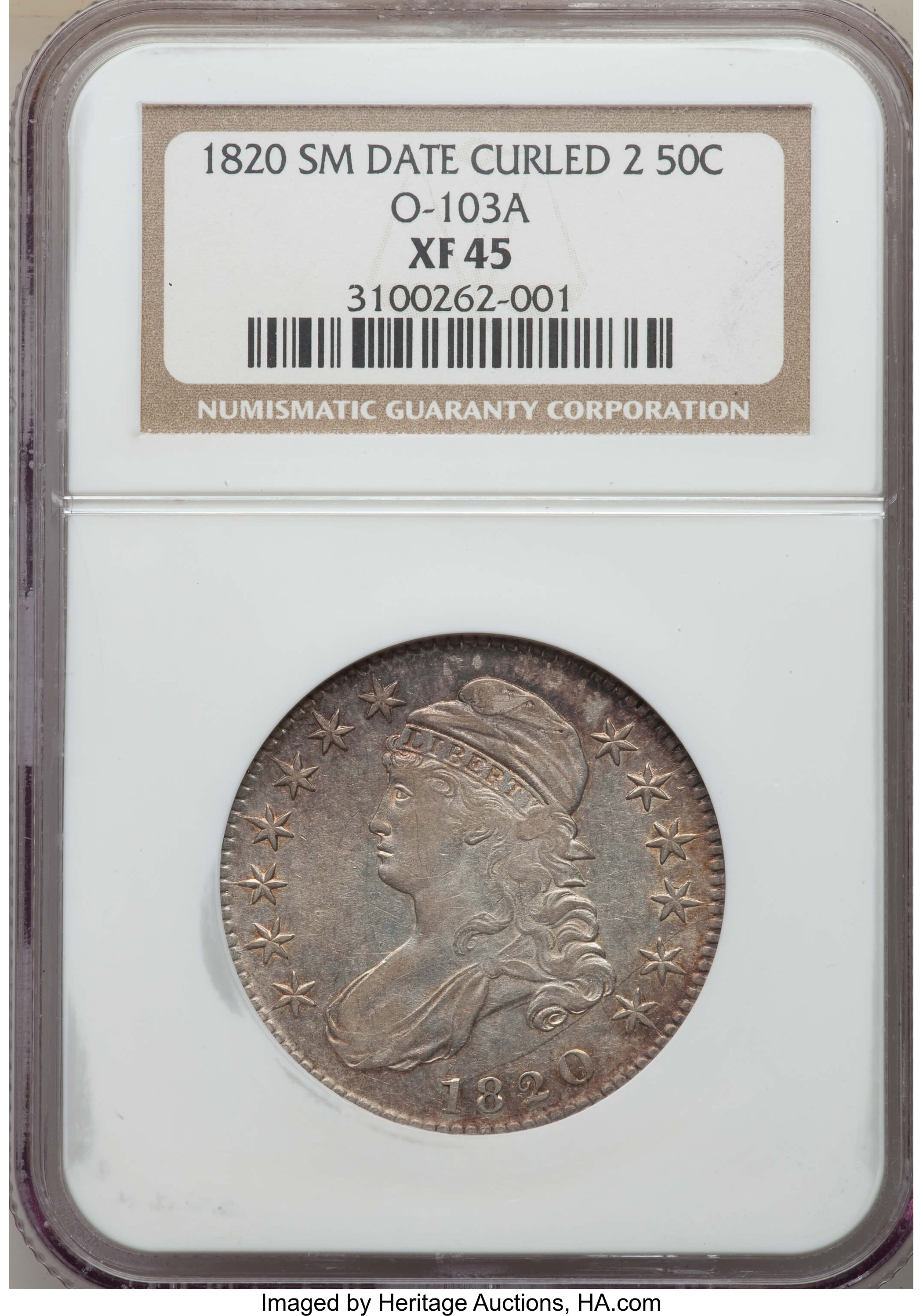 image for: 1820 50C Curl Base 2, Small Date, O-103a, R.2, XF45 NGC. NGC Census: (3/11). PCGS Population: (2/10). XF45. Mintage 751,122...