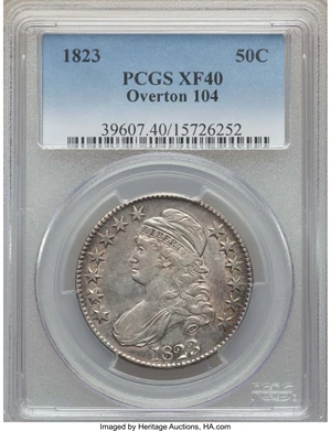 image for: 1823 50C O-104, R.3, XF40 PCGS. PCGS Population: (7/18). NGC Census: (3/20). XF40. Mintage 1,694,200. ...
