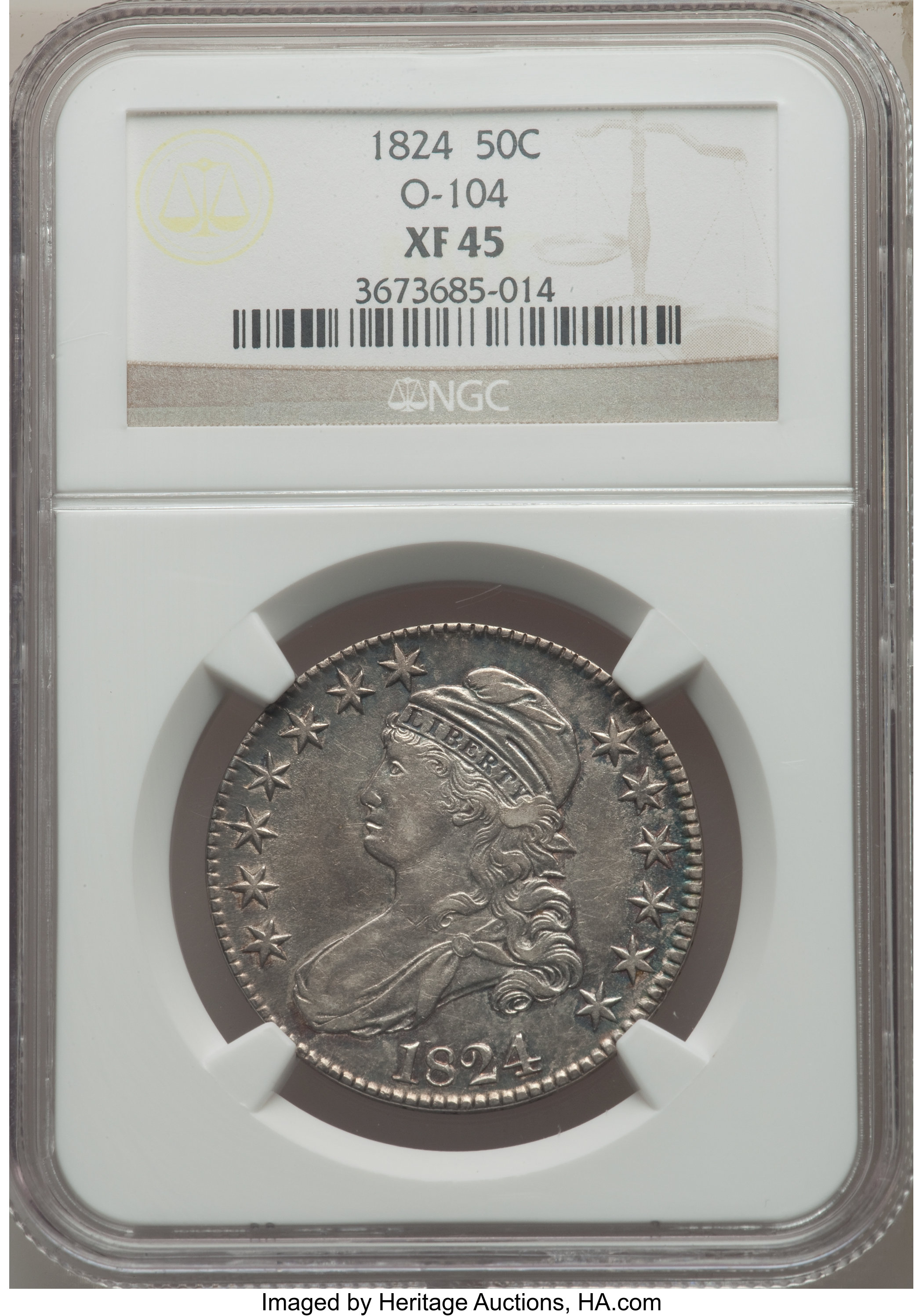image for: 1824 50C O-104, R.2, XF45 NGC. NGC Census: (5/17). PCGS Population: (2/8). XF45. Mintage 3,504,954....