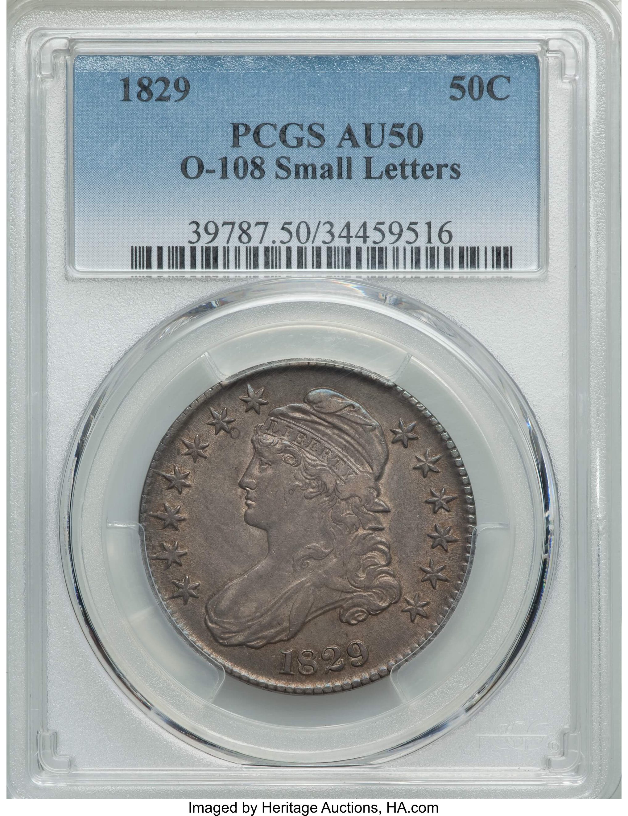 image for: 1829 50C Small Letters, O-108, R.2, AU50 PCGS. PCGS Population: (1/2). NGC Census: (2/10). AU50. Mintage 3,712,156. F...