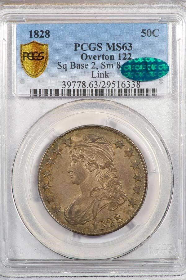 image for: 50C 1828 SQ BASE 2, SM 8'S, LGE LET PCGS MS63 CAC