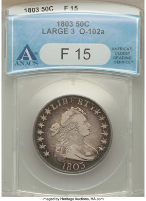 image for: 1803 50C Large 3, Small Reverse Stars, O-102a, High R.3, Fine 15 ANACS. NGC Census: (0/0). PCGS Population (0/3). ...