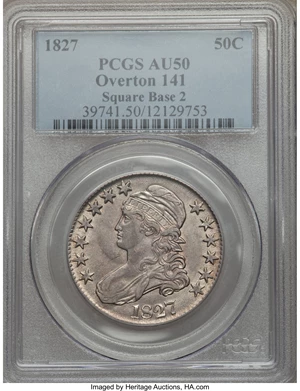 image for: 1827 50C Square Base 2, O-141, R.3, AU50 PCGS. PCGS Population (1/5). NGC Census: (0/0). Mintage: 5,493,400. ...