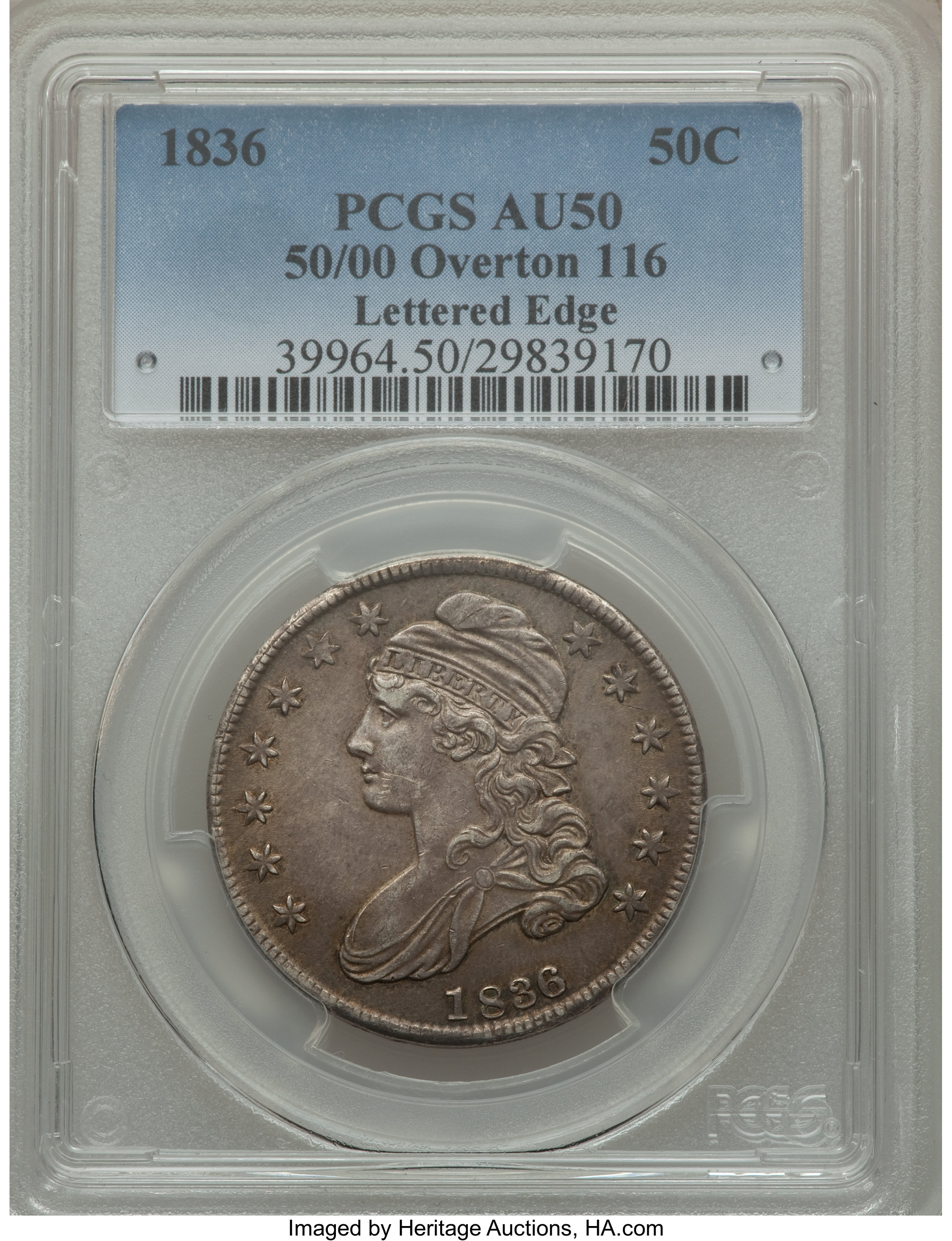 image for: 1836 50C 50/00, Lettered Edge, O-116, R.2, AU50 PCGS. PCGS Population (1/5). NGC Census: (0/0). Mintage: 6,545,000. ...
